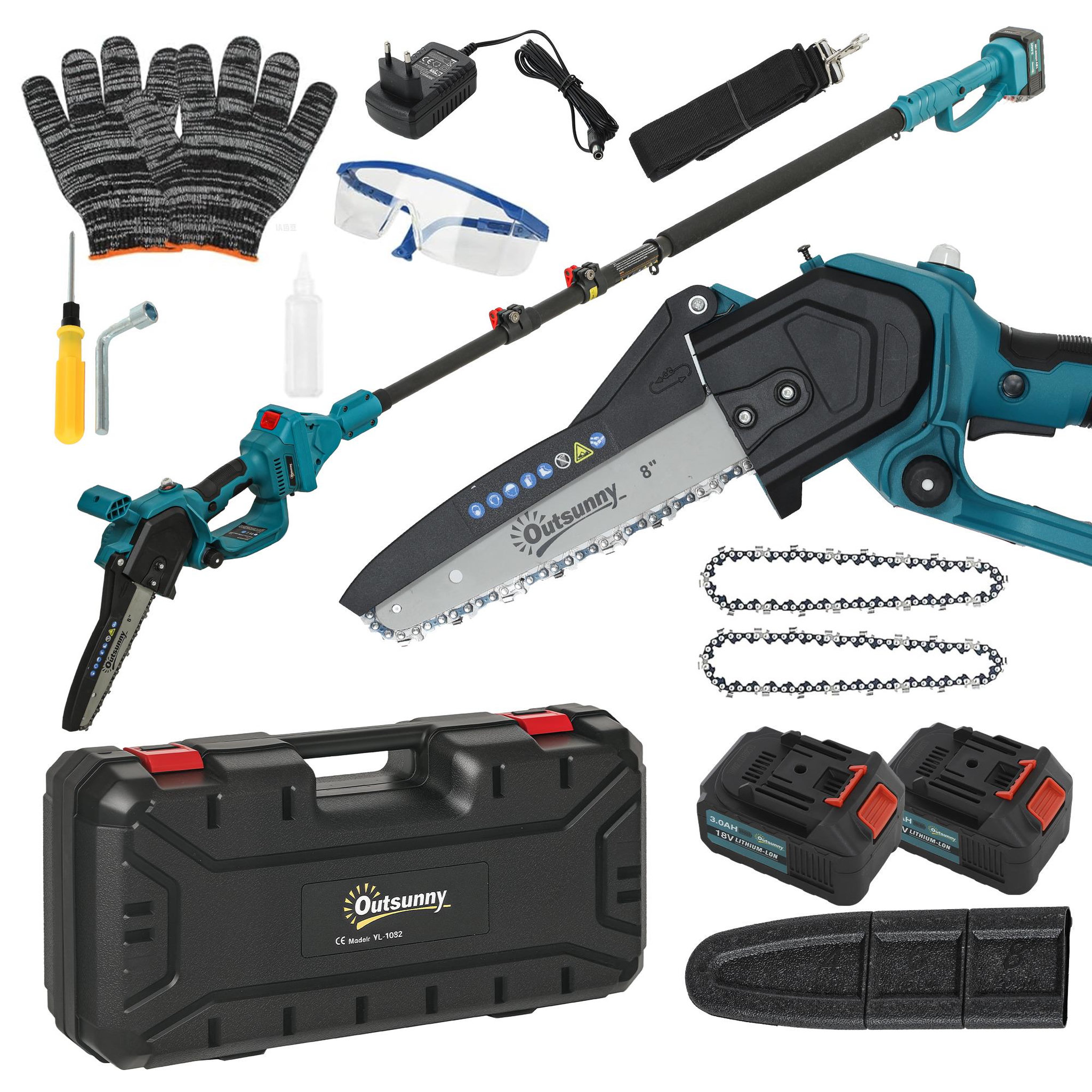 Voir la diapositive 2 : OUTSUNNY Mini tronçonneuse sans fil 580W - scie d'élagage électrique portable 18V 8 pouces - kit complet bleu