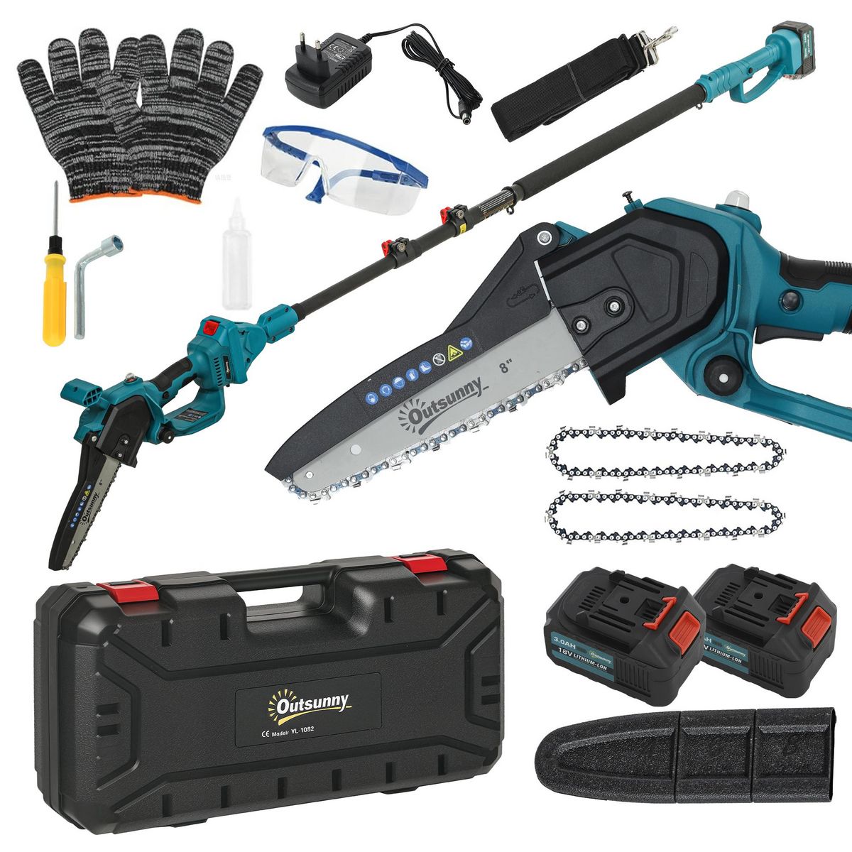 OUTSUNNY Mini tronçonneuse sans fil 580W - scie d'élagage électrique portable 18V 8 pouces - kit complet bleu