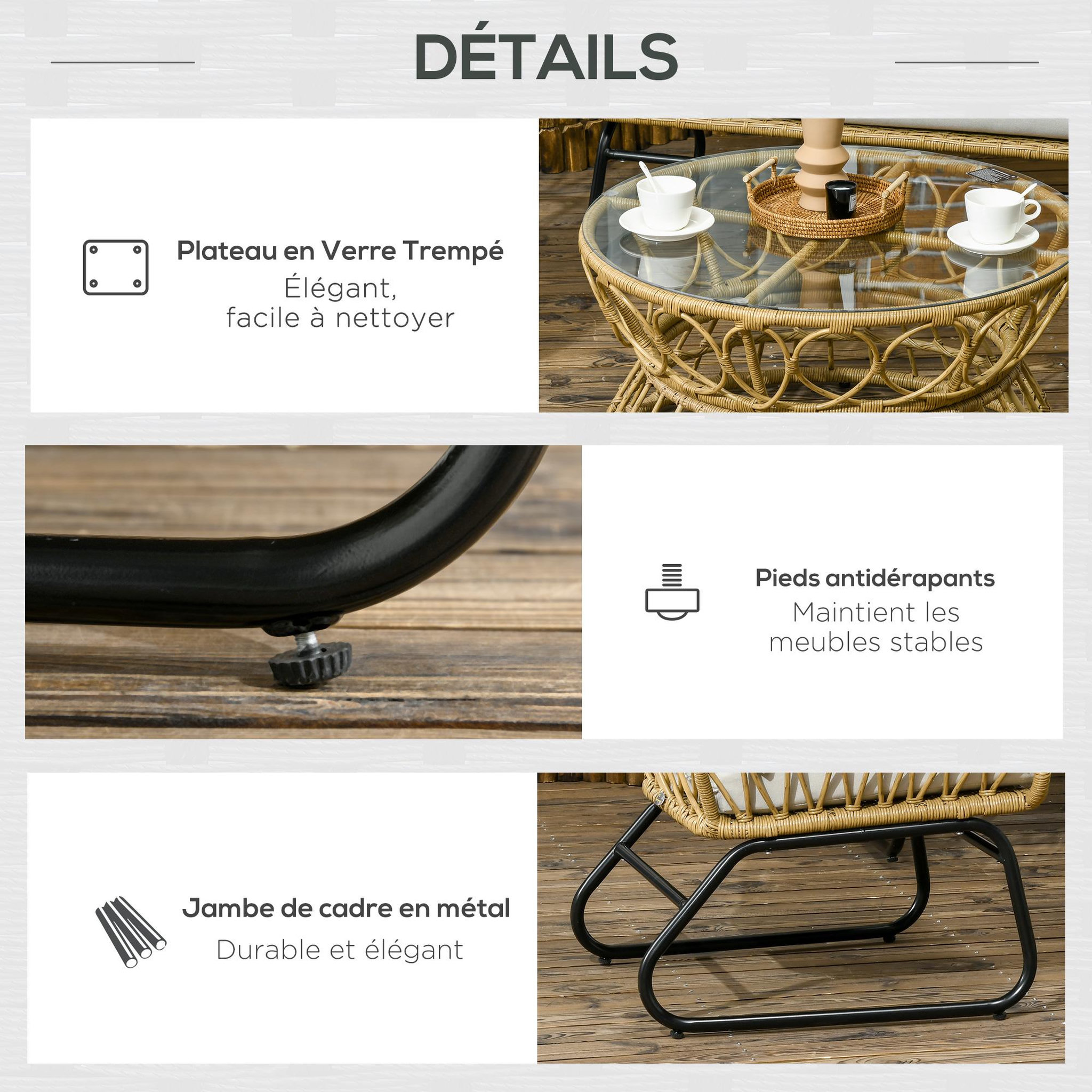 Voir la diapositive 6 : OUTSUNNY Salon de jardin 4 places 4 pièces 7 coussins inclus acier époxy résine tressée beige