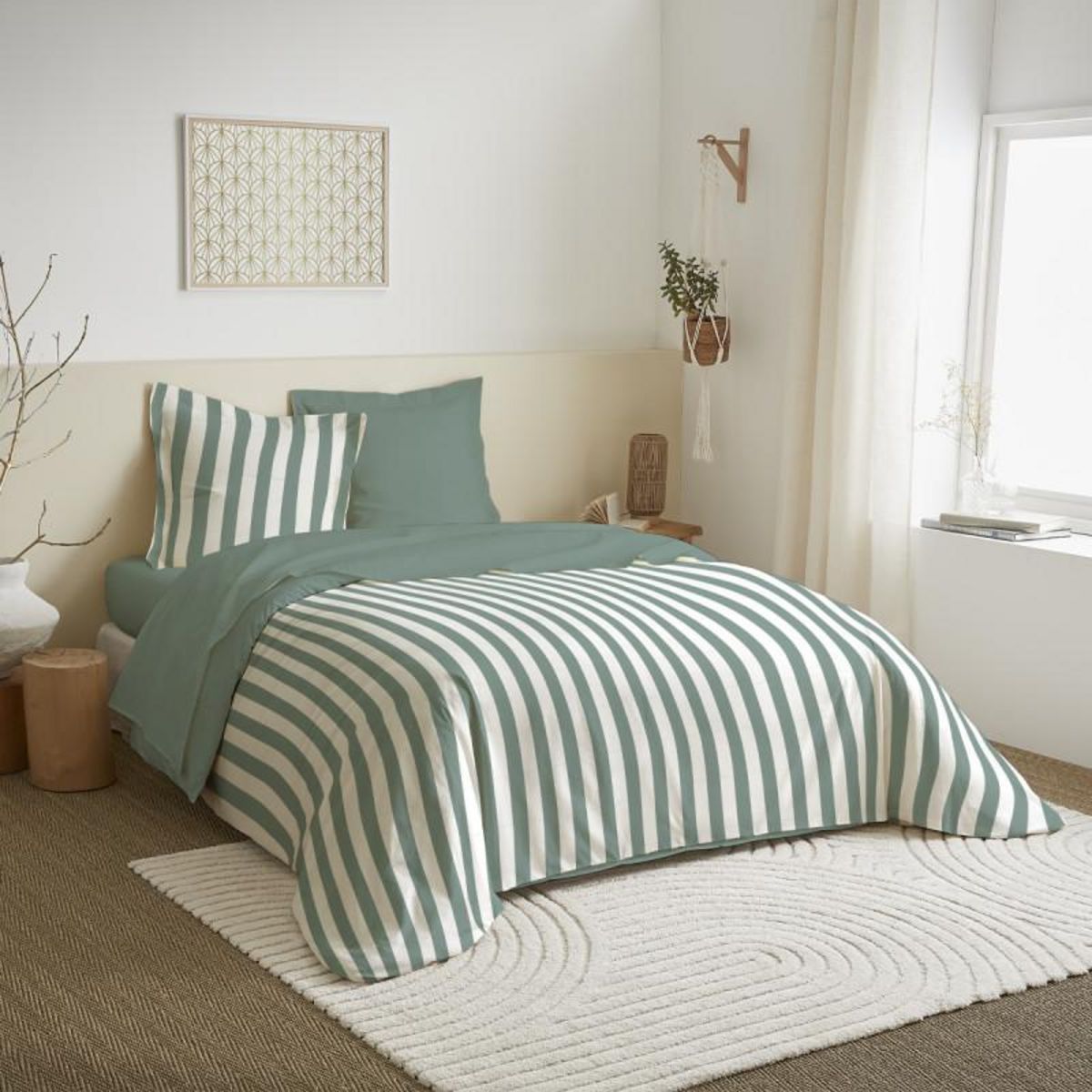 COTON PUR Parure de draps 4 pièces pour lit 160 x 200 cm  Grande largeur  Anatole sauge