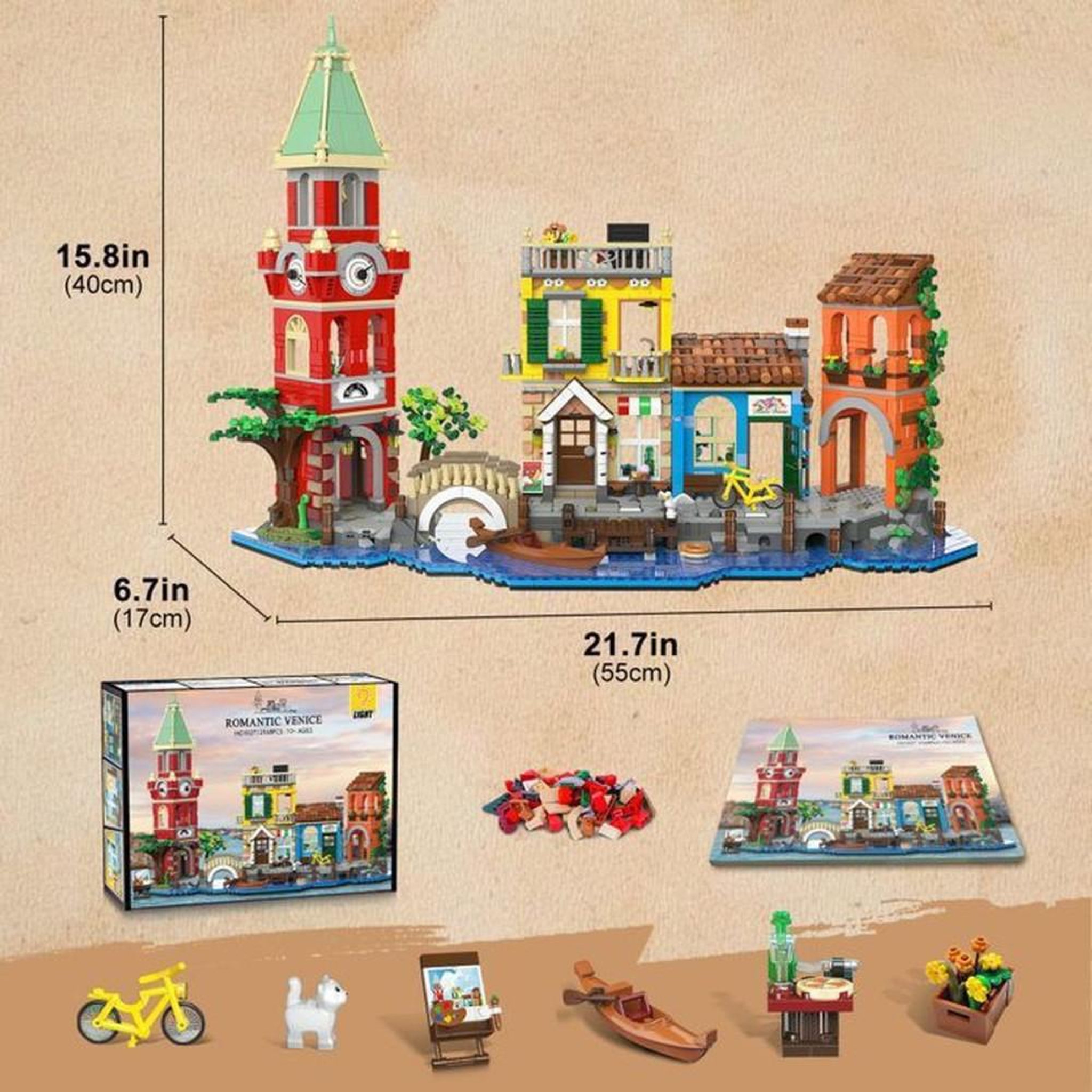 Voir la diapositive 3 : Kit de construction modulaire Venise romantique 2 155 pièces avec éclairage LED, 4 bâtiments, gondole et canal