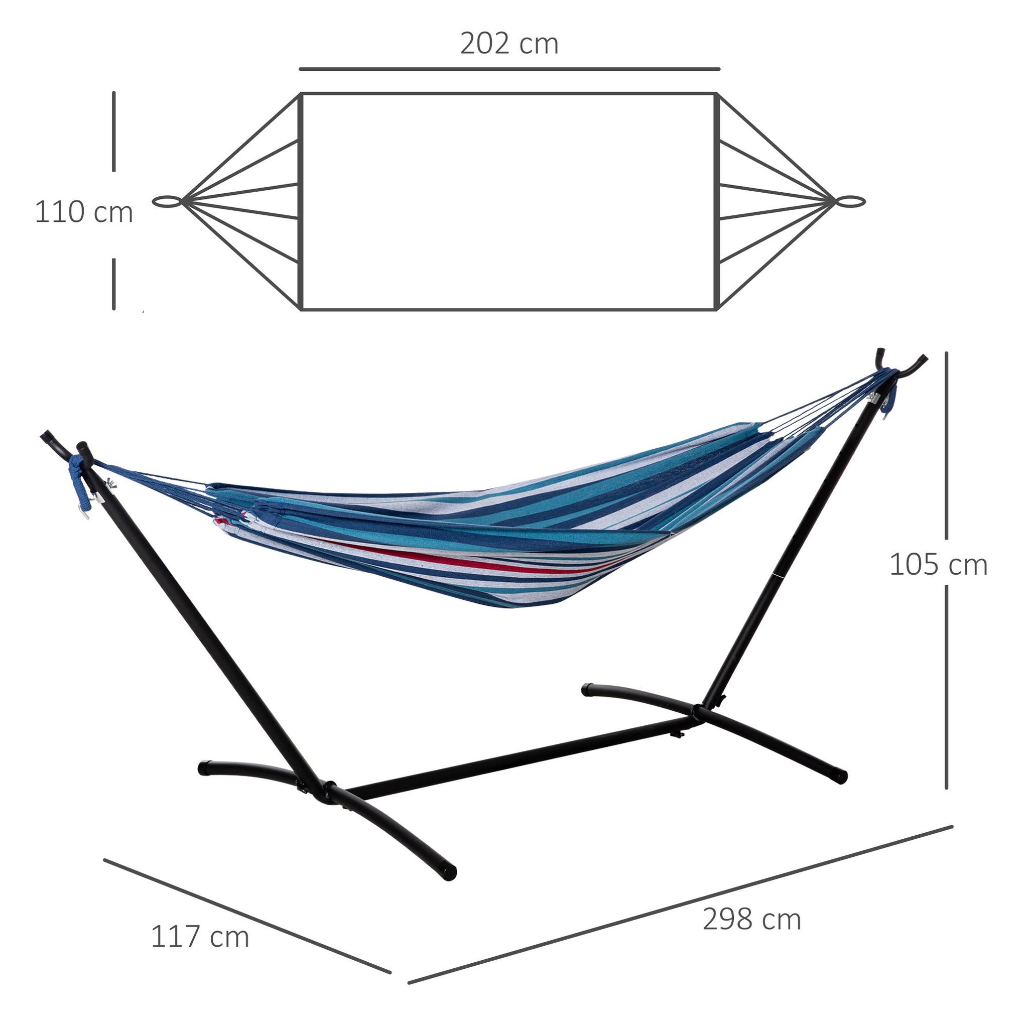 Voir la diapositive 3 : OUTSUNNY Hamac de jardin avec support en métal époxy hamac sur pied 1 place charge max. 120 Kg sac transport multicolore