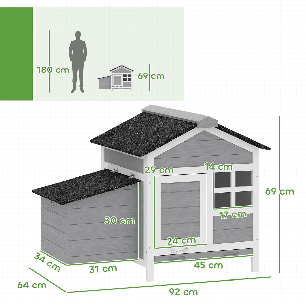 PAWHUT Poulailler en bois sur pieds toit et pondoir bitumés noir blanc gris
