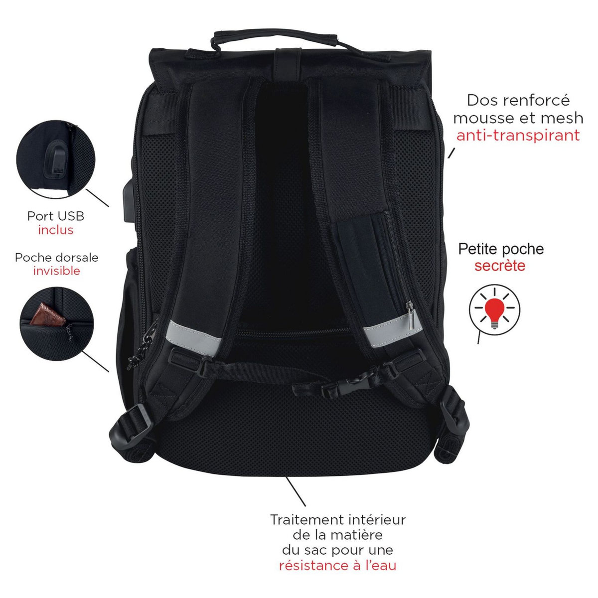 l'étudiant Sac à dos roll top 1 compartiment noir