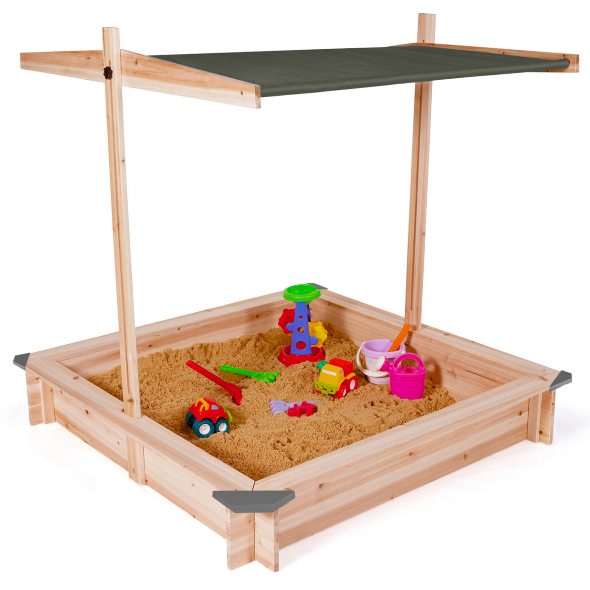 ID MARKET Bac à sable KIDS bois avec toit ouvrant gris