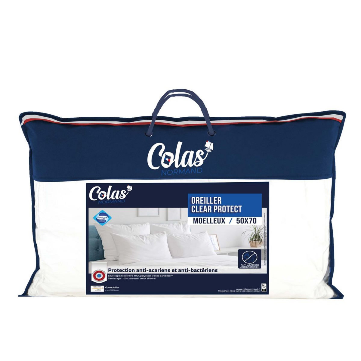 COLAS NORMAND Oreiller confort moelleux anti acariens anti bactériens CLEAR PROTECT