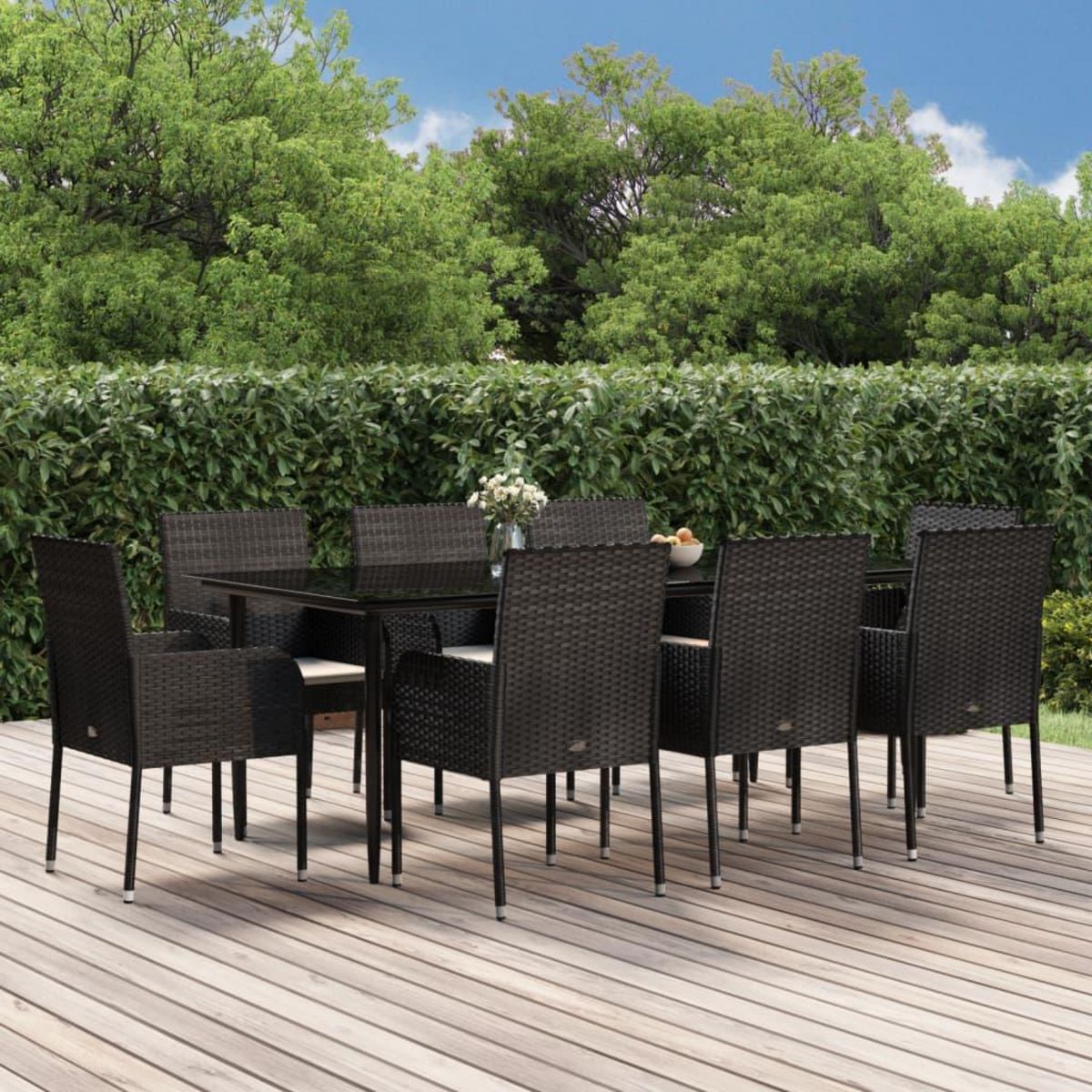 VIDAXL Ensemble a manger jardin 9pcs et coussins noir resine tressee