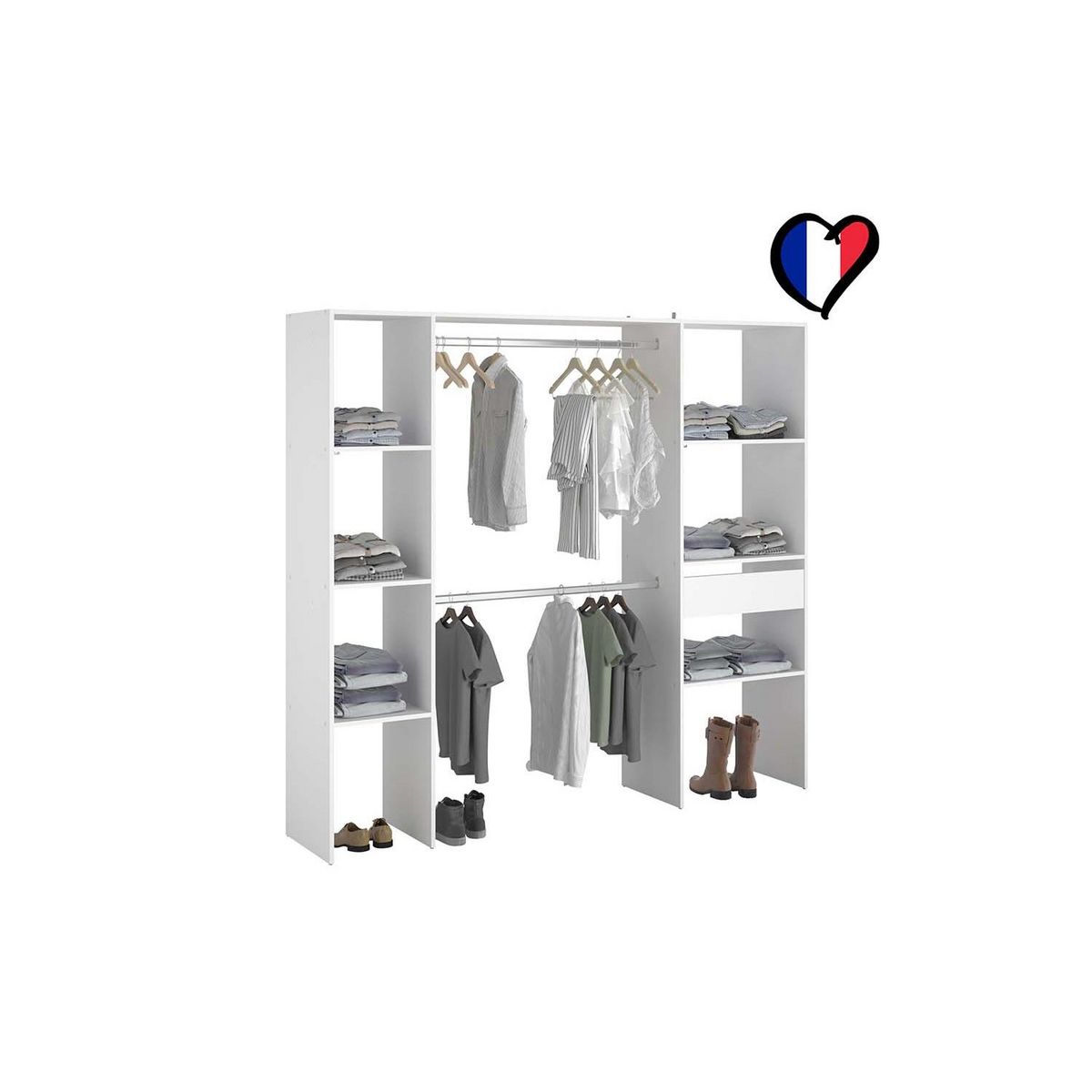 CONCEPT USINE Dressing blanc 6 étagères, 1 tiroir, 2 penderies 198 x 40 x 180 cm ELYSEE