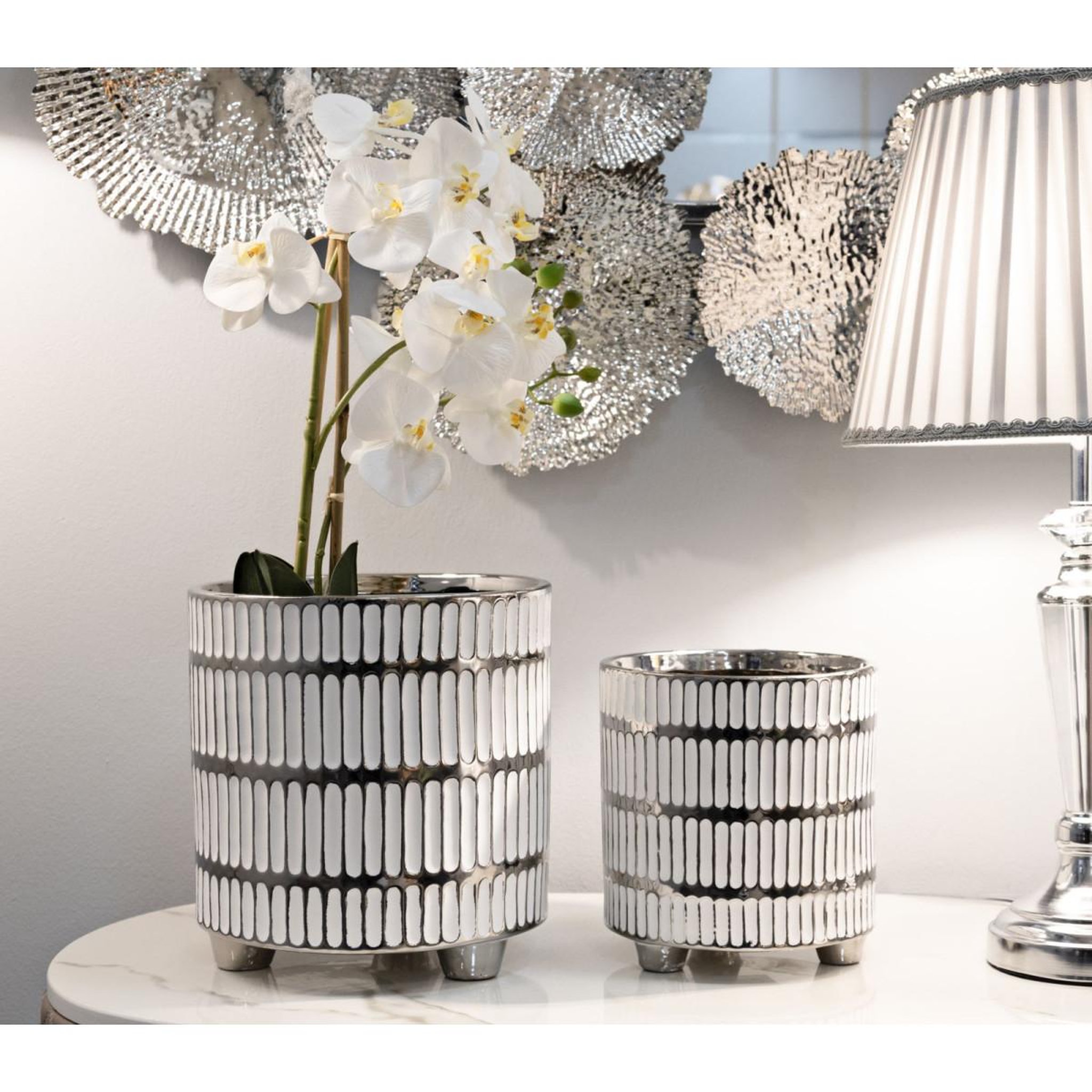 Voir la diapositive 5 : Paris Prix Lot de 2 vases en céramique  ray  24cm blanc & argent