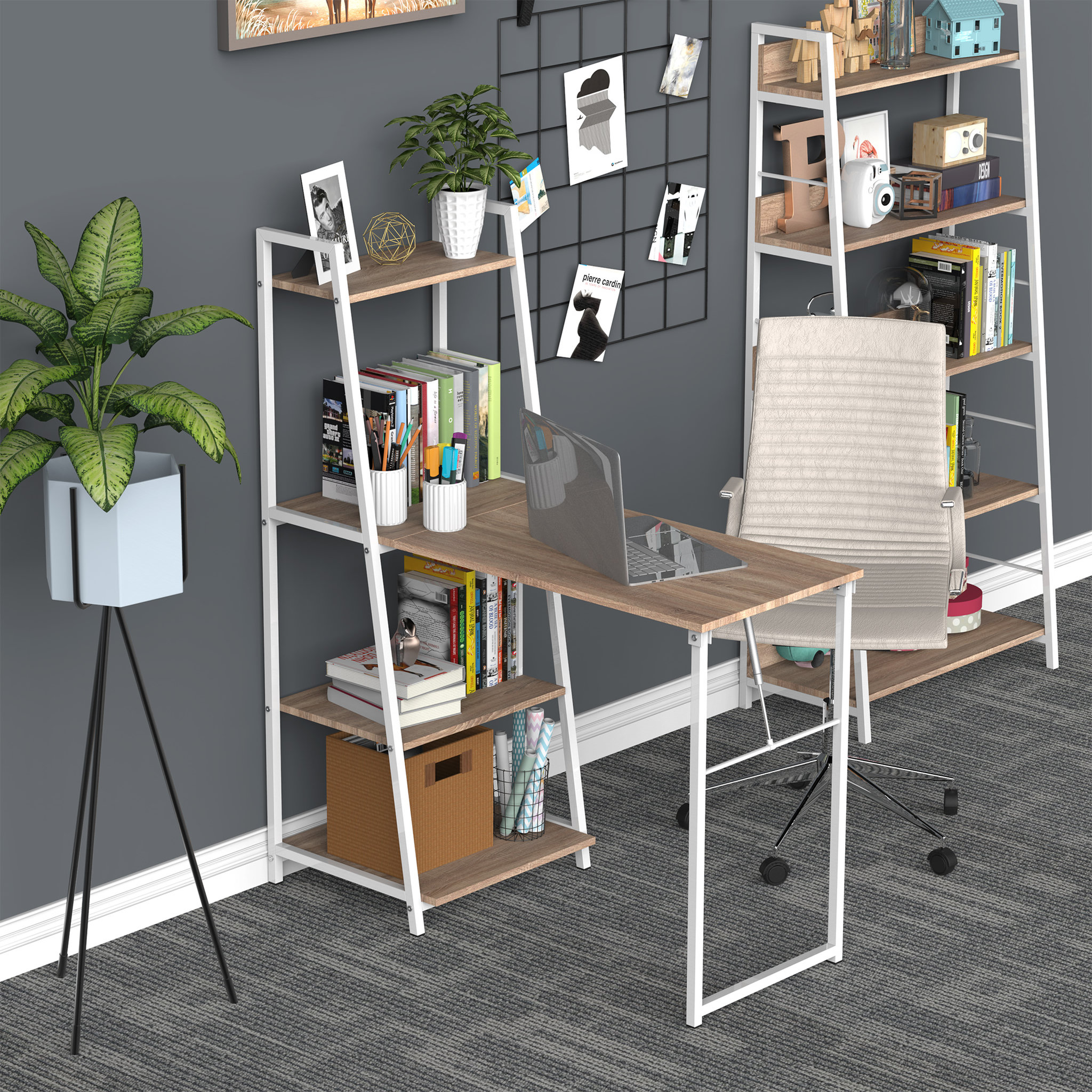 Voir la diapositive 2 : HOMCOM Bureau pliable rabattable - bureau bibliothèque 2 en 1 - 4 étagères - imitation bois chêne clair métal blanc