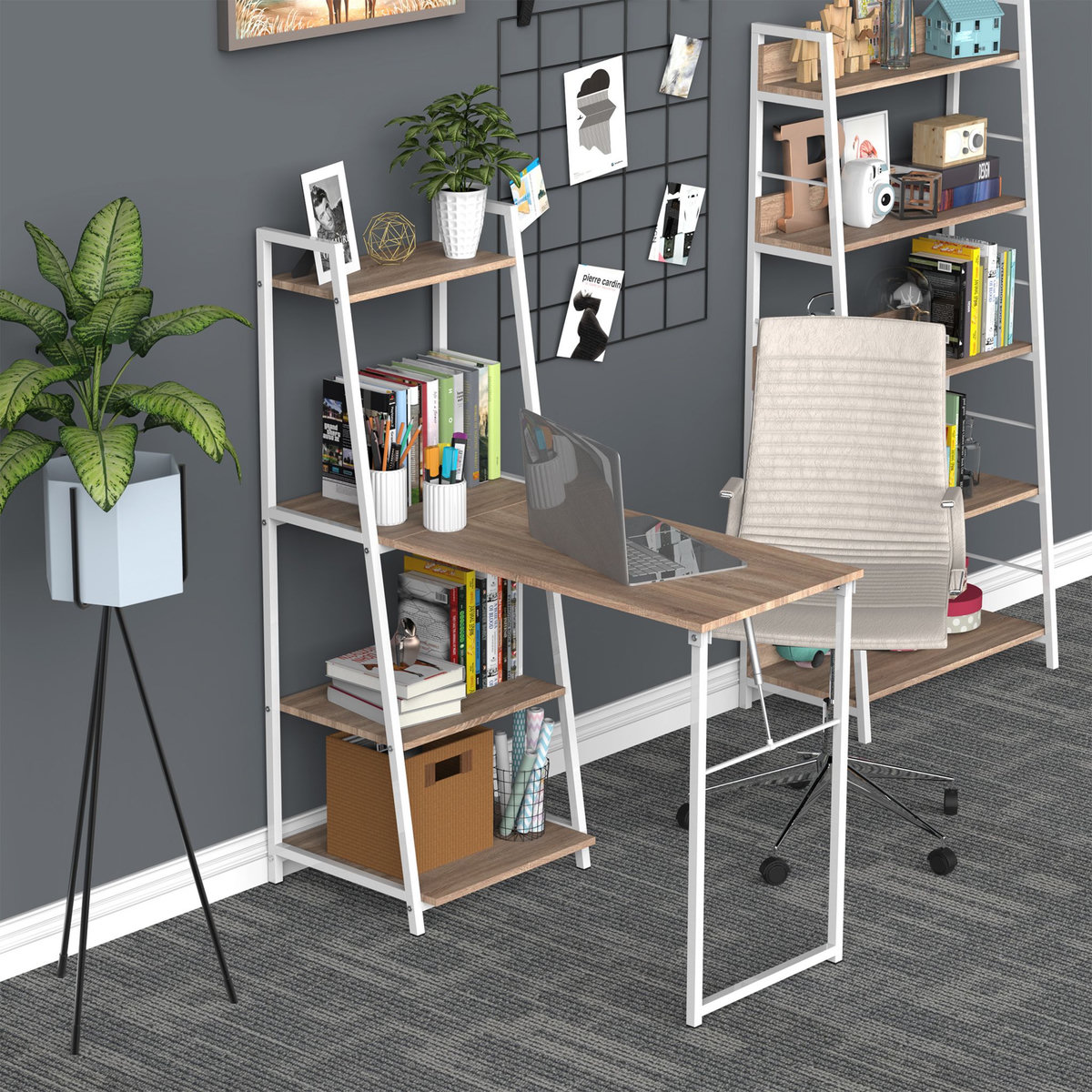 HOMCOM Bureau pliable rabattable - bureau bibliothèque 2 en 1 - 4 étagères - imitation bois chêne clair métal blanc