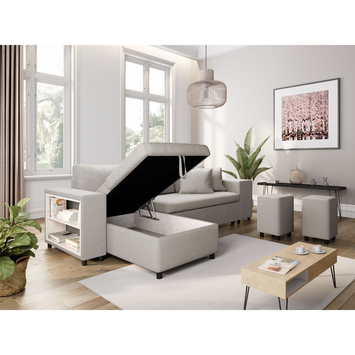 Canapé d'angle convertible avec coffre 3 places + 2 poufs à droite et étagère à gauche MACHA