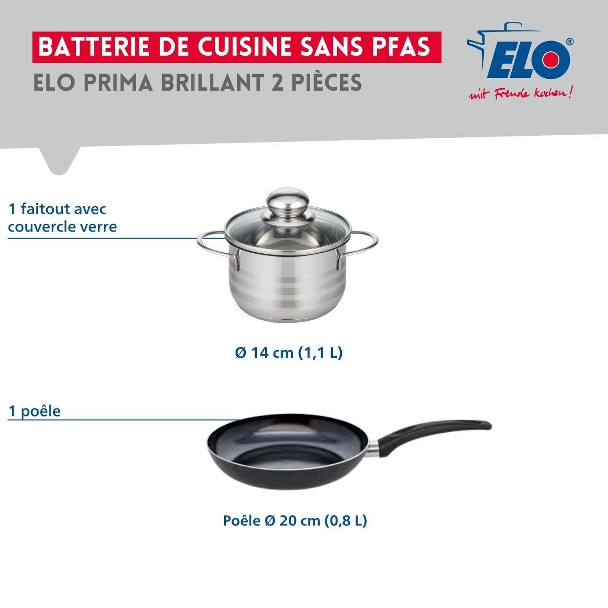 Voir la diapositive 2 : ELO Ensemble de 1 Poêle de cuisson 20 cm et 1 faitout 14 cm Elo Prima Brillant