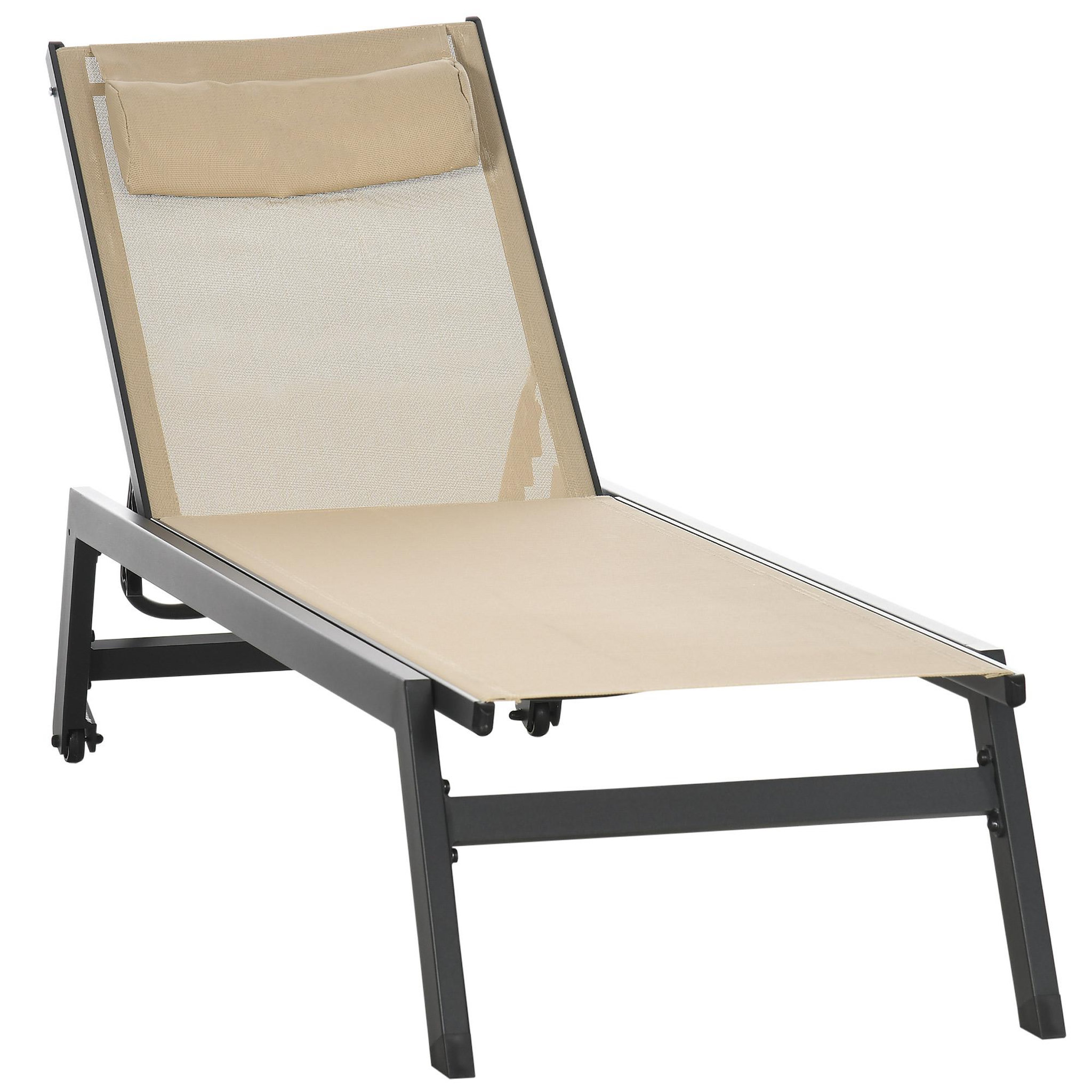 Voir la diapositive 1 : OUTSUNNY Bain de soleil transat inclinable 5 positions - tétière, 2 roulettes - alu. textilène kaki