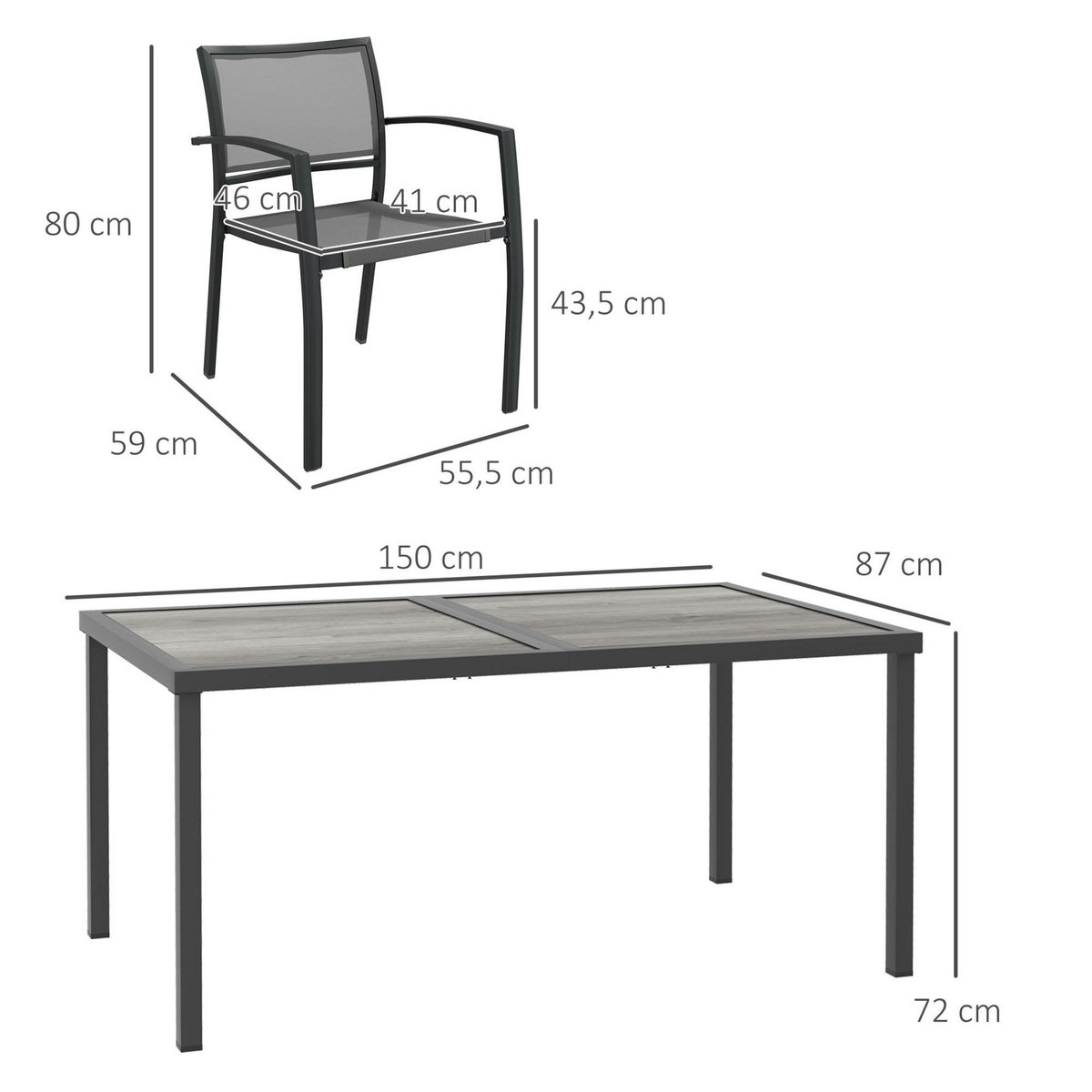 OUTSUNNY Ensemble salon de jardin 6 places 7 pièces avec table à manger acier textilène aspect bois gris