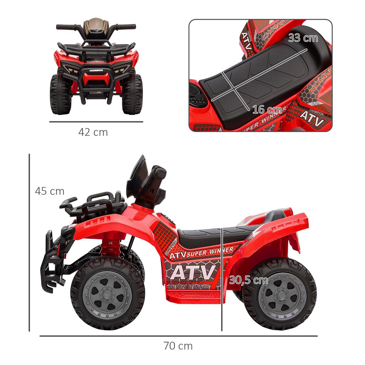 HOMCOM Quad buggy voiture électrique enfant 18-36 mois 6 V 2 Km/h max. effet lumineux métal PP rouge