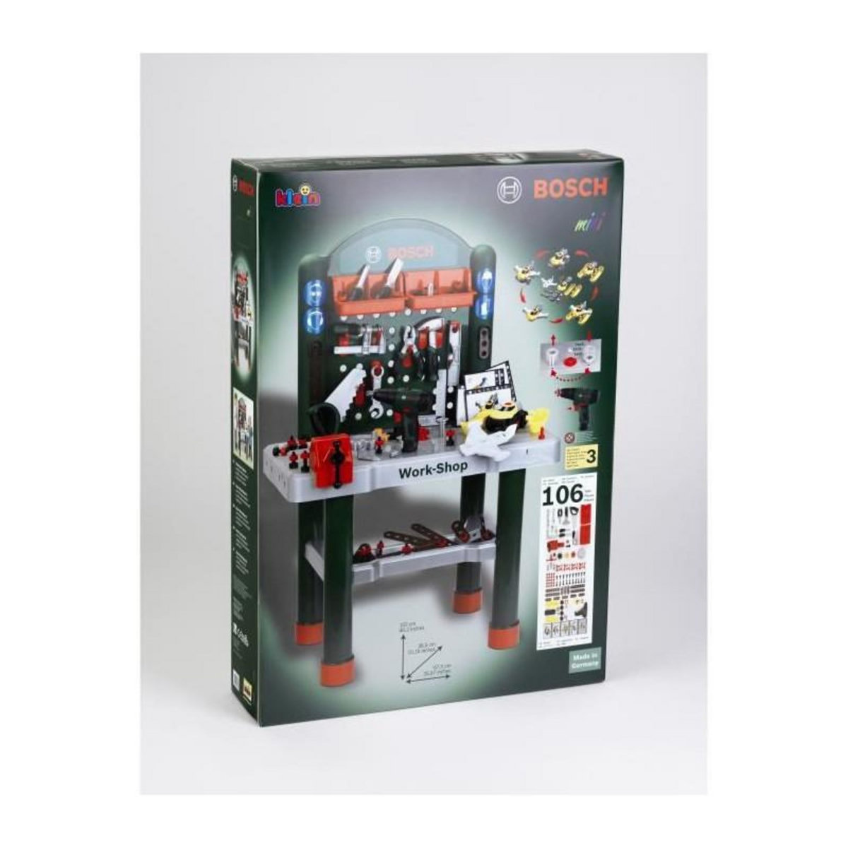 Klein KLEIN - Jouet Etabli Bosch Workshop avec visseuse mecanique et vehicule a monter - 3 ans et +