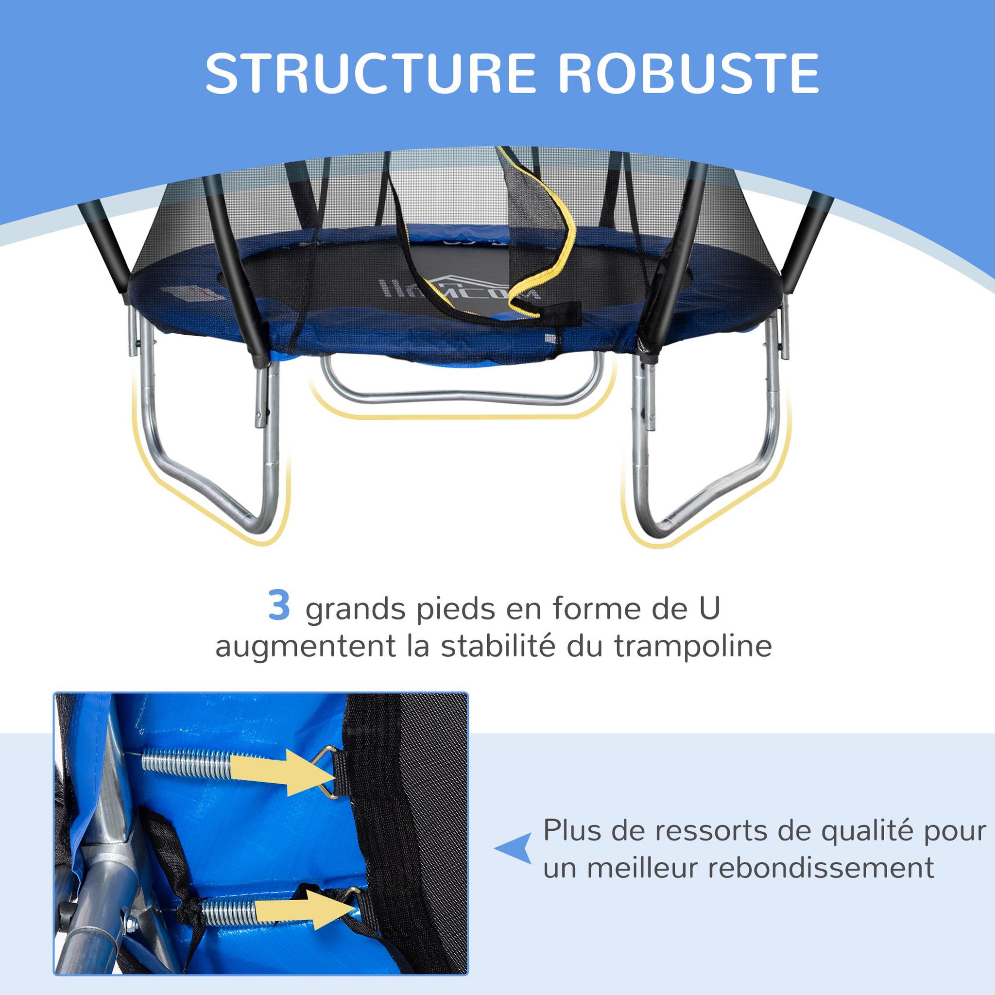 Voir la diapositive 4 : HOMCOM Trampoline enfant Ø 2,25 × 2,35H m filet de sécurité porte zipée couvre-ressorts 6 poteaux rembourrés incurvés bleu
