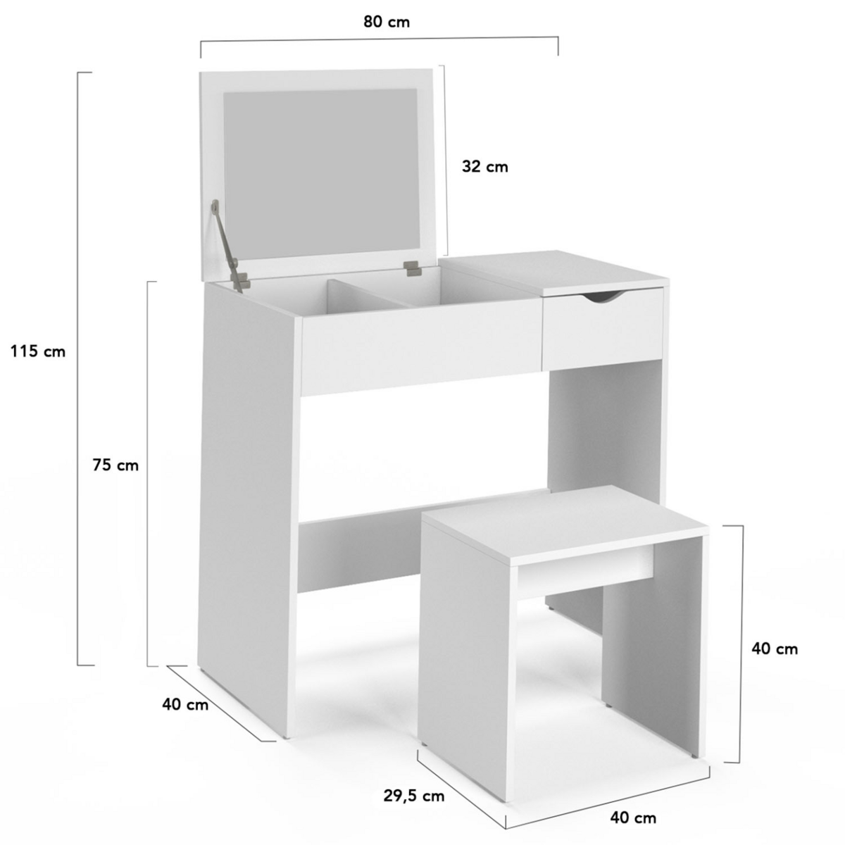 ID MARKET Coiffeuse ZELIA miroir rabattable avec 1 tiroir et 1 tabouret