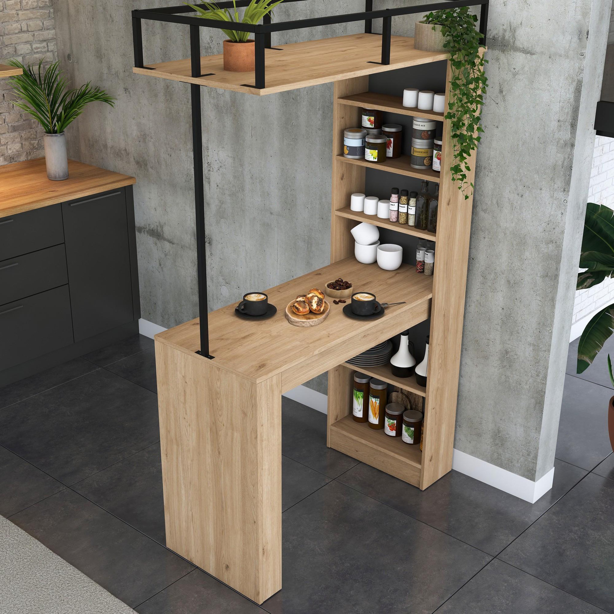 Voir la diapositive 3 : Habitat et Jardin Table de repas avec étagères en bois  jacob  - 120 x 56 x 199 cm - marron