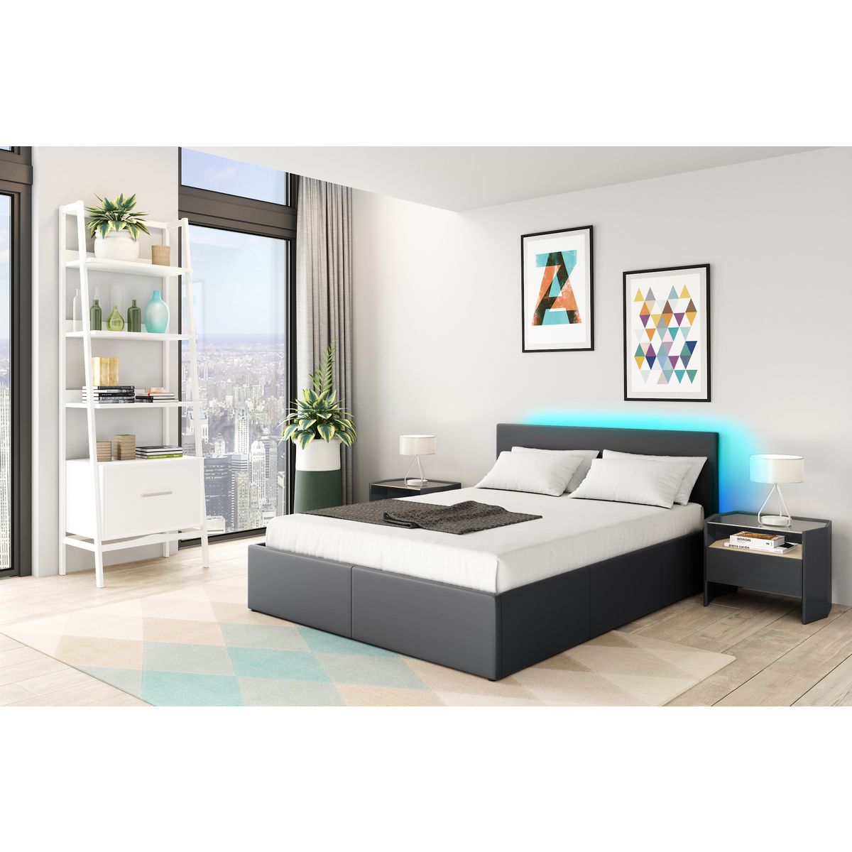 Lit coffre 160x200cm avec sommier à lattes et tête de lit LED WILLOW