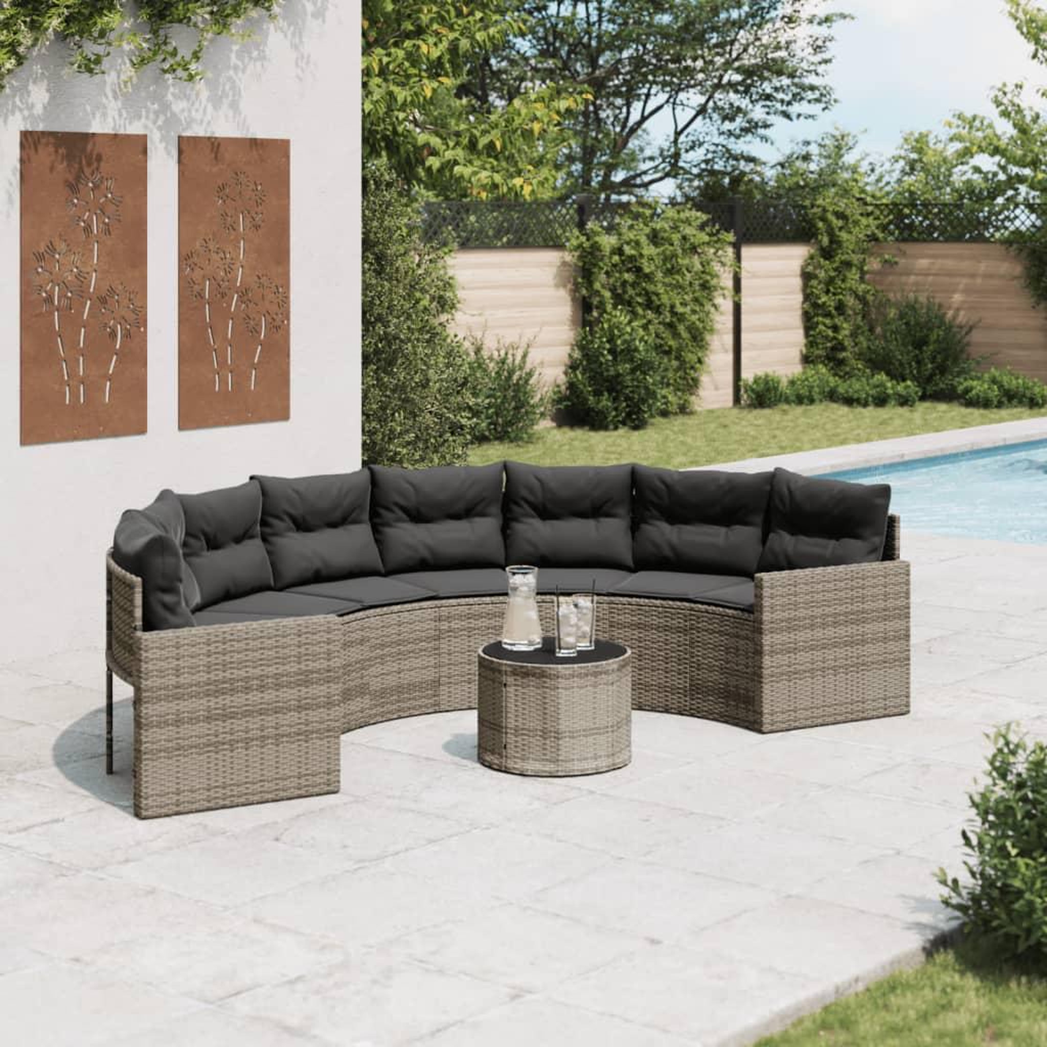VIDAXL Canape de jardin table coussins demi-rond gris resine tressee