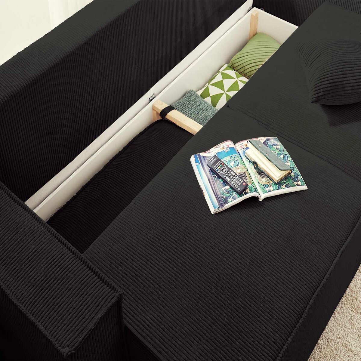 BEST MOBILIER Dellia - canapé 3 places convertible - avec coffre - en velours côtelé - style contemporain