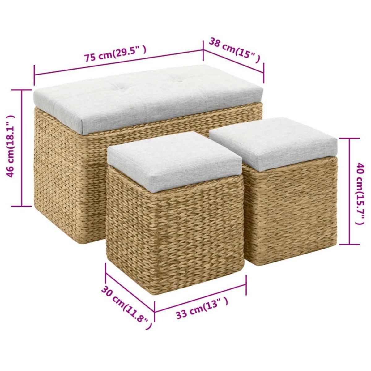 VIDAXL Banc avec 2 poufs Jacinthe d'eau Gris