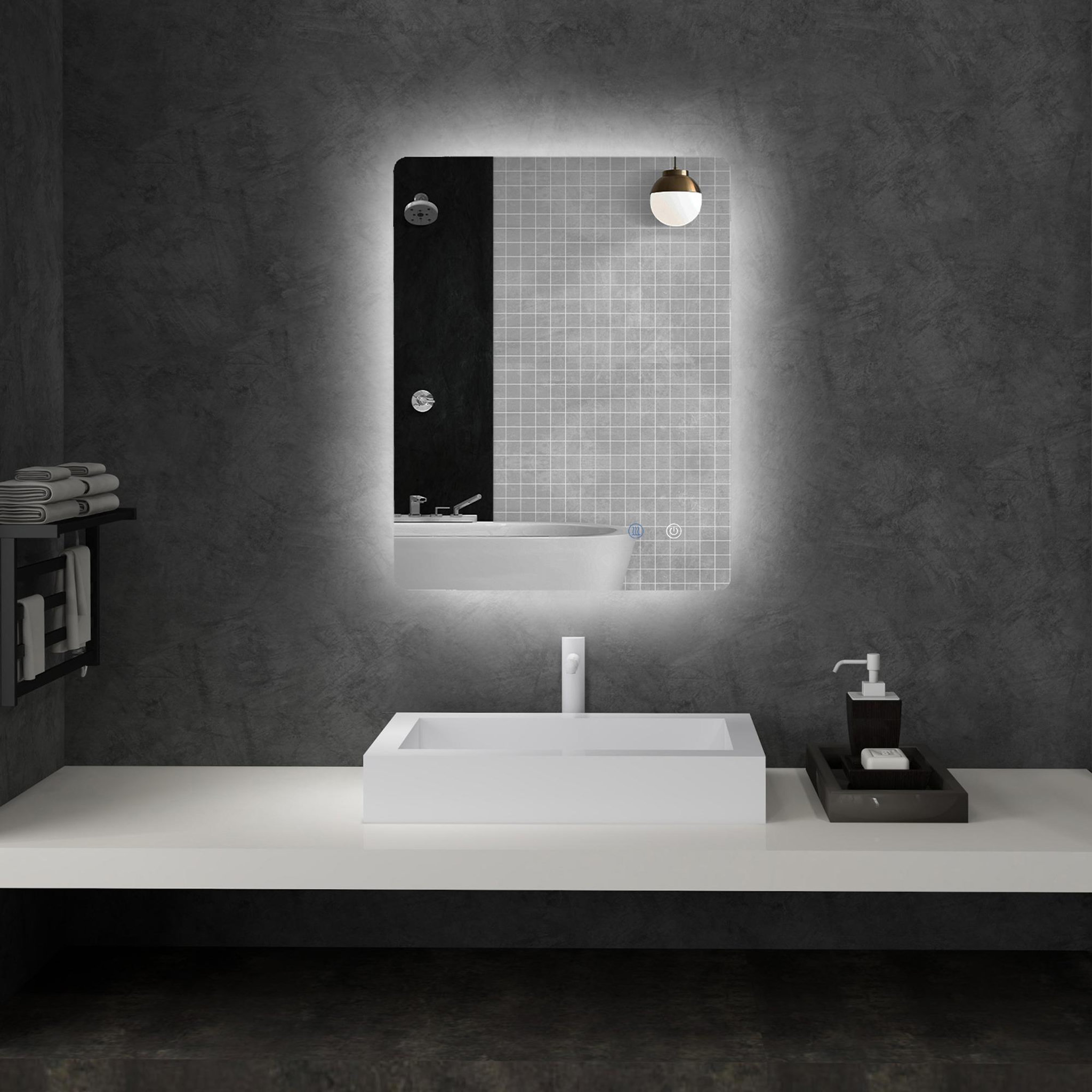 Voir la diapositive 2 : KLEANKIN Miroir rectangulaire mural lumineux led de salle de bain - 80 x 60 cm - 3 couleurs, luminosité réglable interrupteur tactile système antibuée blanc transparent