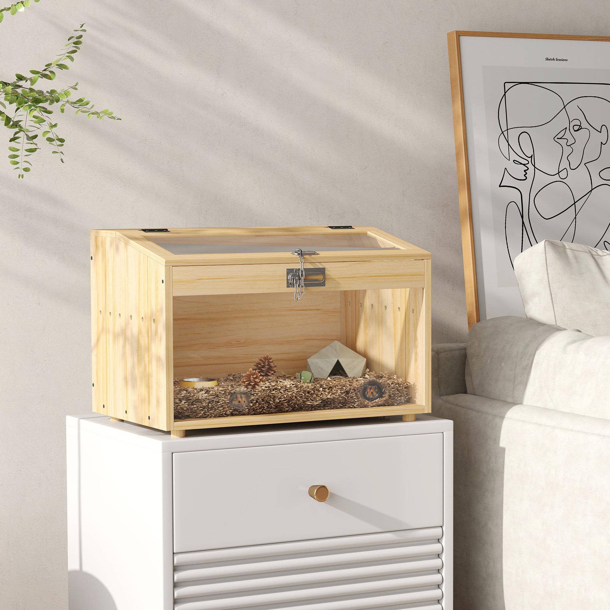 Voir la diapositive 4 : PAWHUT Cage à hamster rongeur en bois - toit ouvrant verrouillable, fenêtres acrylique - dim. 55 x 35 x 35 cm - MDF effet bois