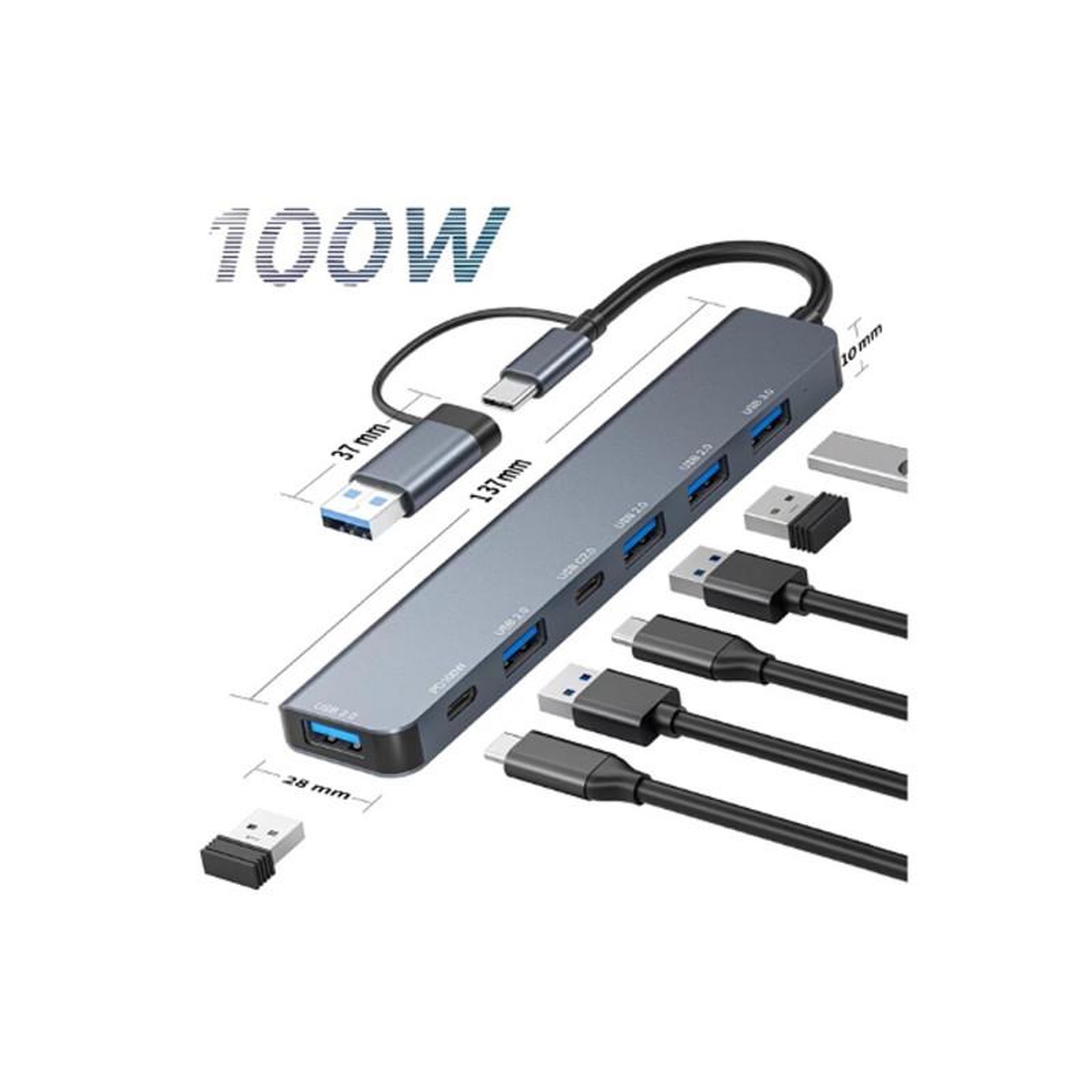Voir la diapositive 3 : URBAN FACTORY Hub USB Urban Factory HUB USB 7 PORTS USB A 3.0 + ADAPTATEUR USB A FEMELLE USB C MALE + ALIMENTATION 5V