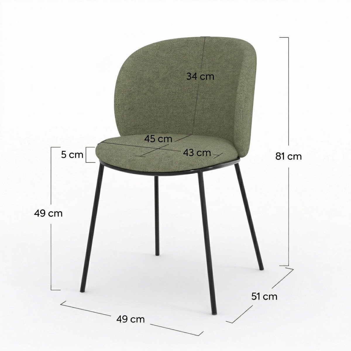 Rendez vous déco Lot de 2 chaises en tissu vert kaki, pieds métal noir-Bulle