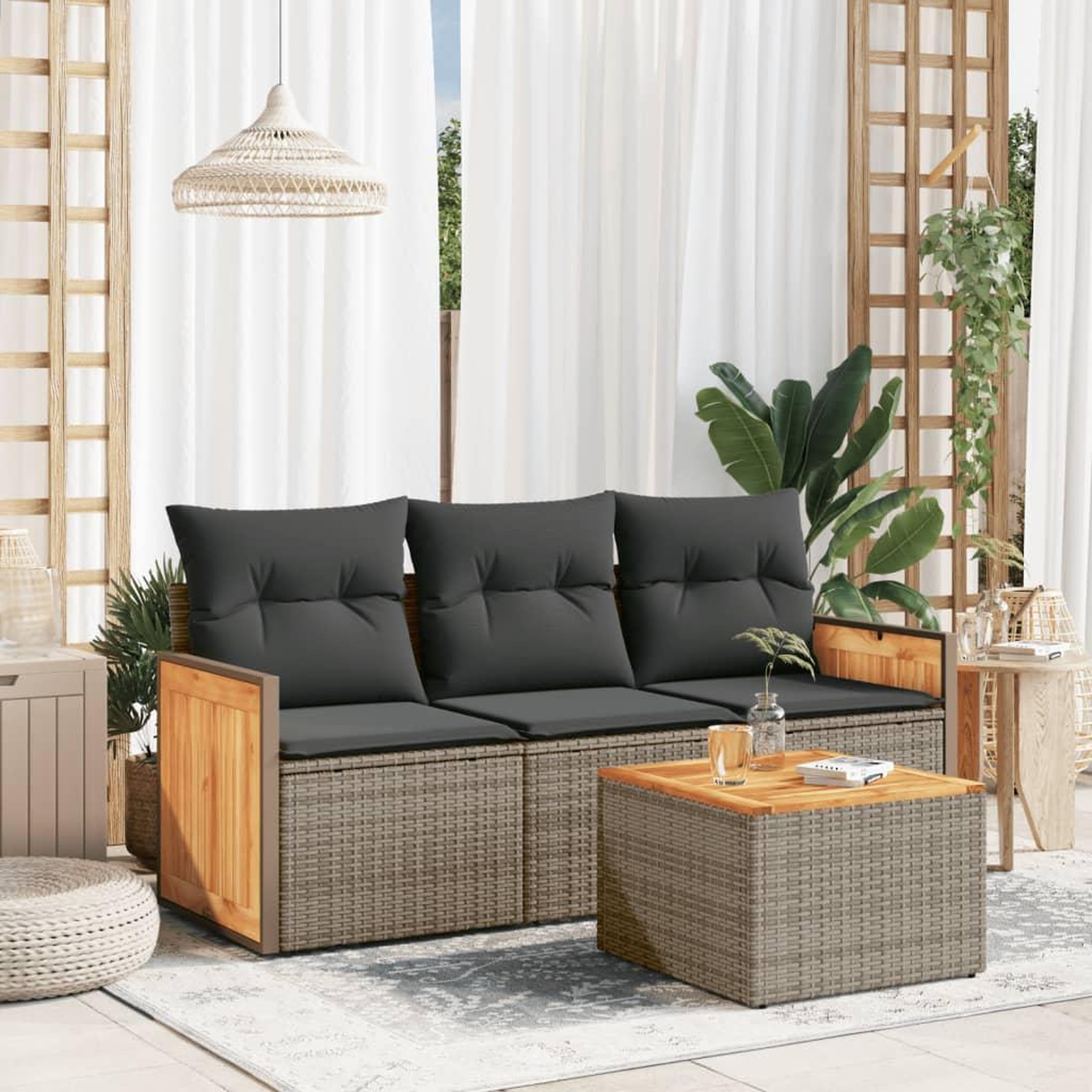 VIDAXL Salon de jardin 4 pcs avec coussins gris resine tressee