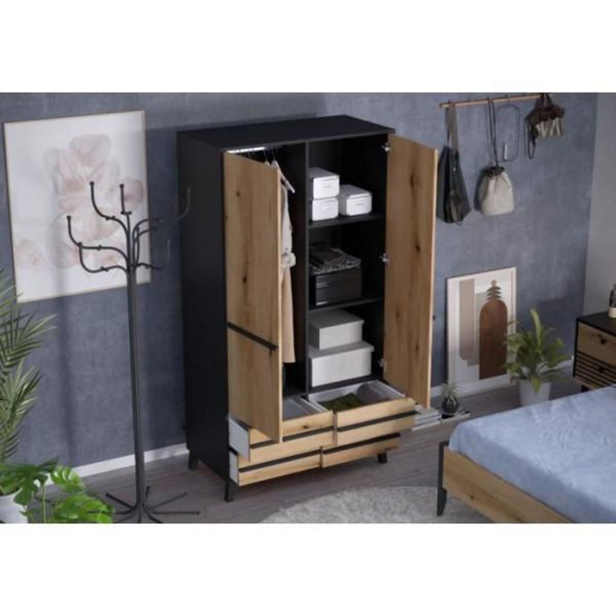 MARKET24 Armoire HEKA 2 portes + 4 tiroirs - Décor noir et chene - L100 x P50 x H180 cm - Fabriqué en Espagne
