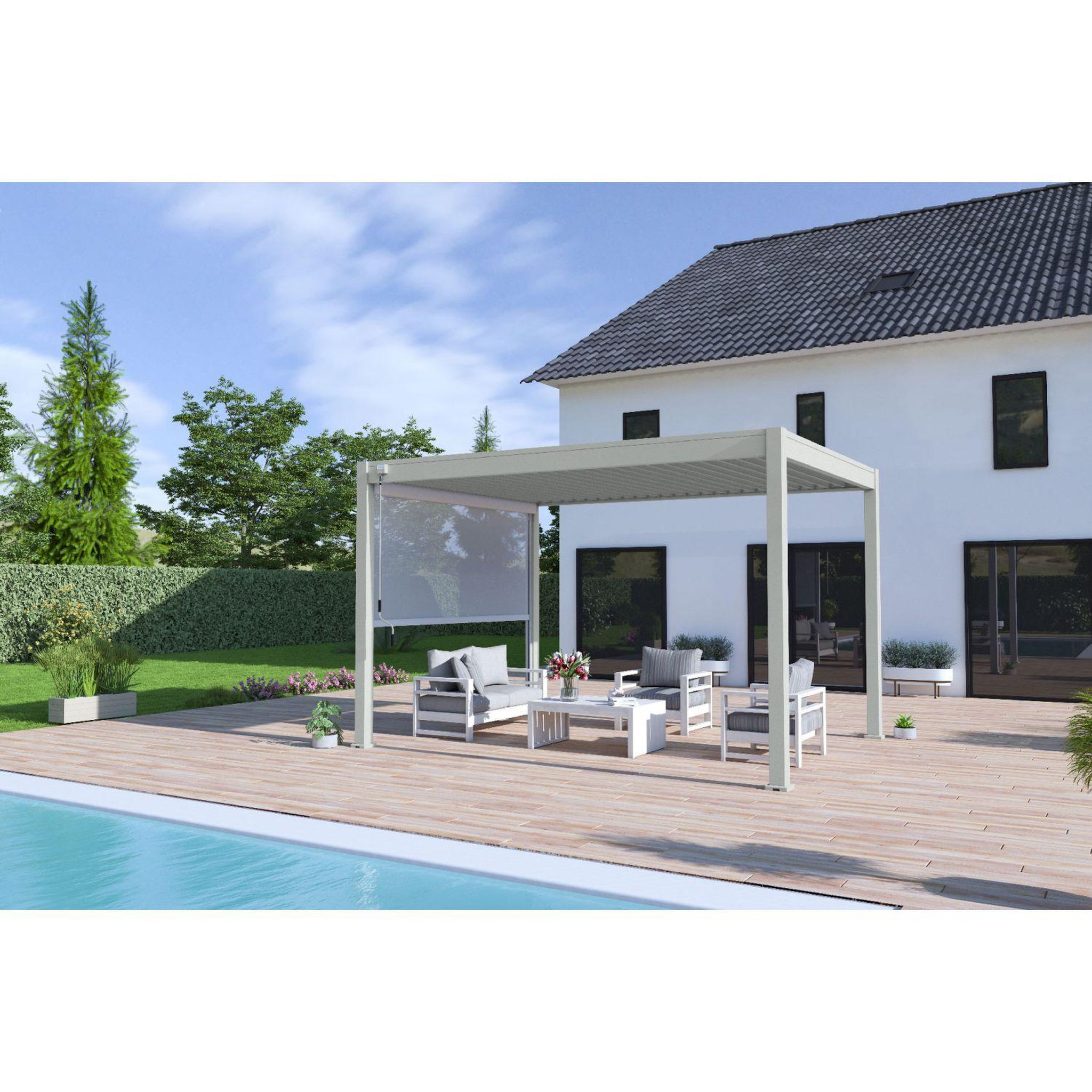Voir la diapositive 2 : Pergola Bioclimatique autoportée - Aluminum Gris perle - 3x4m OMBREA®