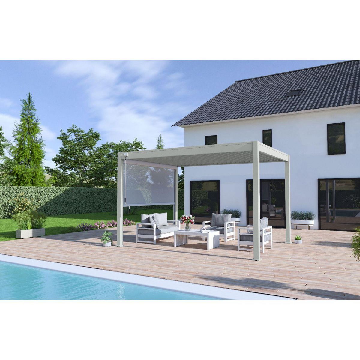 Pergola Bioclimatique autoportée - Aluminum Gris perle - 3x4m OMBREA®