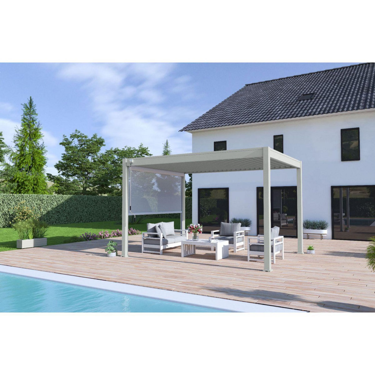 Pergola Bioclimatique autoportée - Aluminum Gris perle - 3x4m OMBREA®