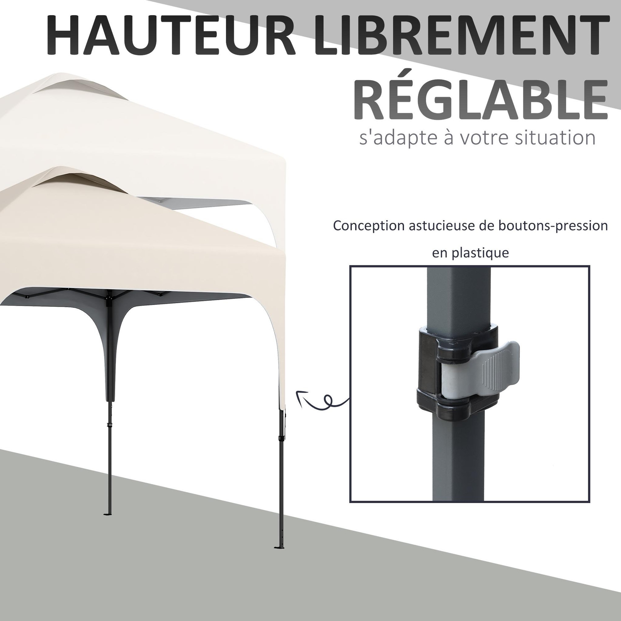 Voir la diapositive 5 : OUTSUNNY Tonnelle barnum automatique pop-up dim. 2,53L x 2,53l x 2,68H m hauteur réglable nombreux accessoires inclus acier oxford beige