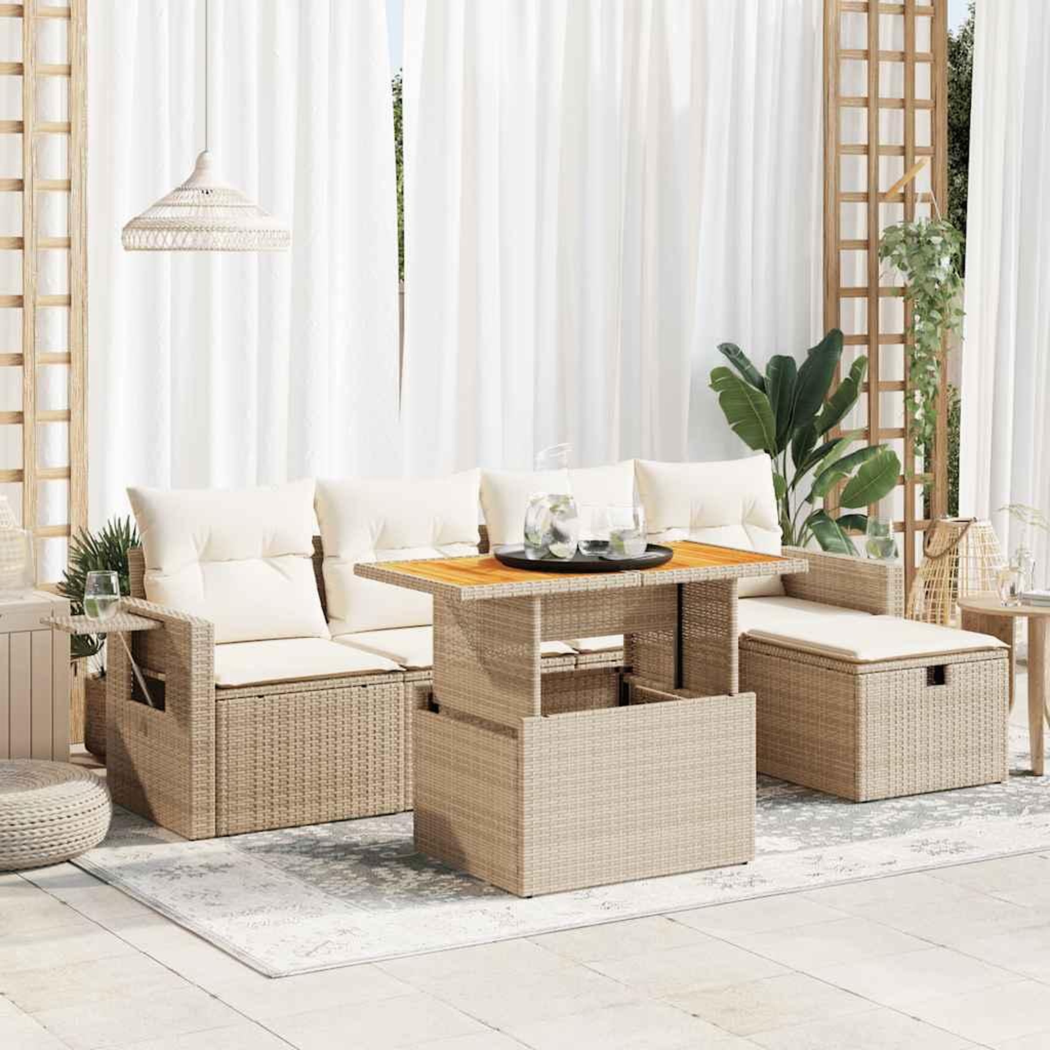 VIDAXL Salon de jardin 6 pcs avec coussins beige resine tressee acacia
