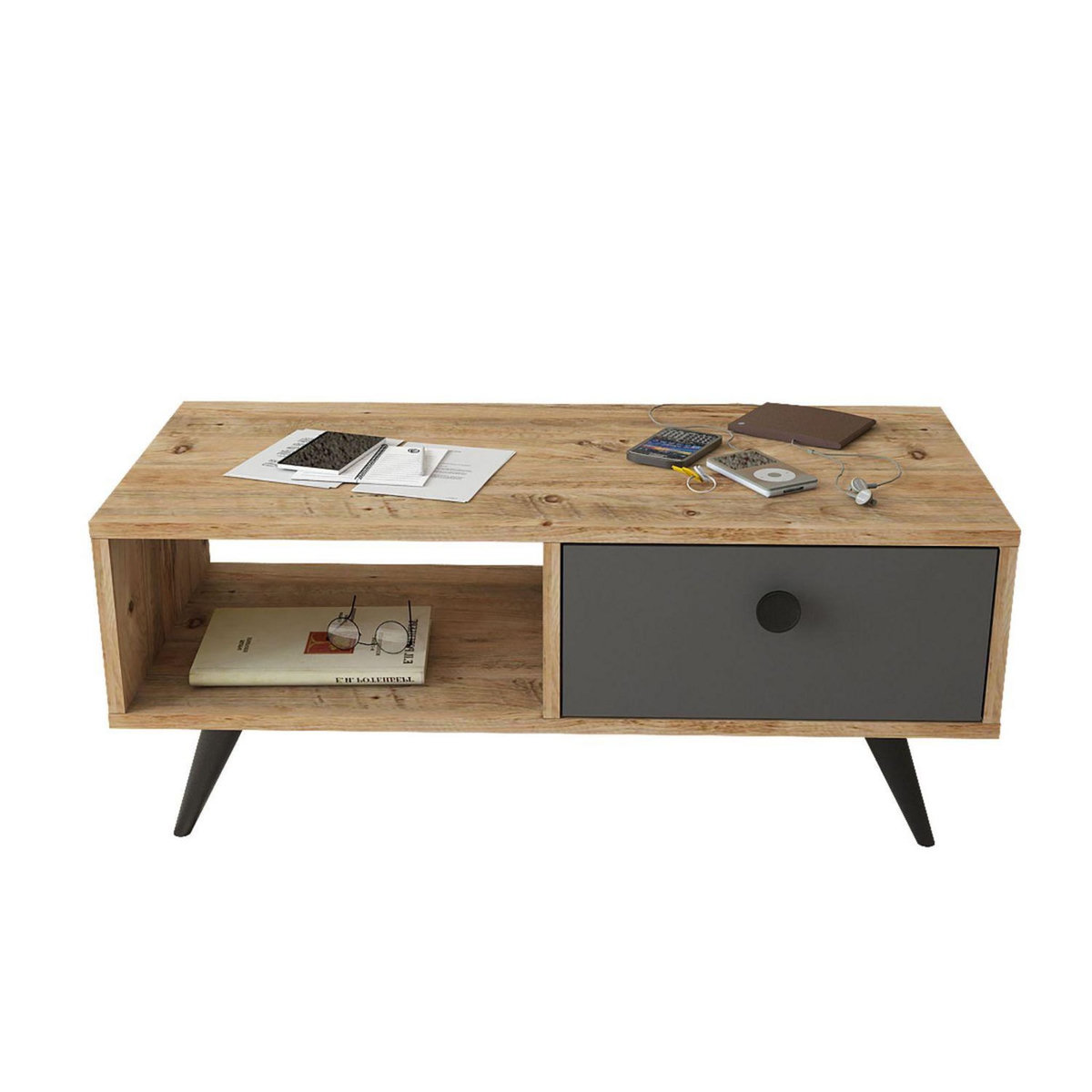 TOILINUX Table Basse avec 1 niche de rangement et 1 tiroir en panneaux de particules et métal