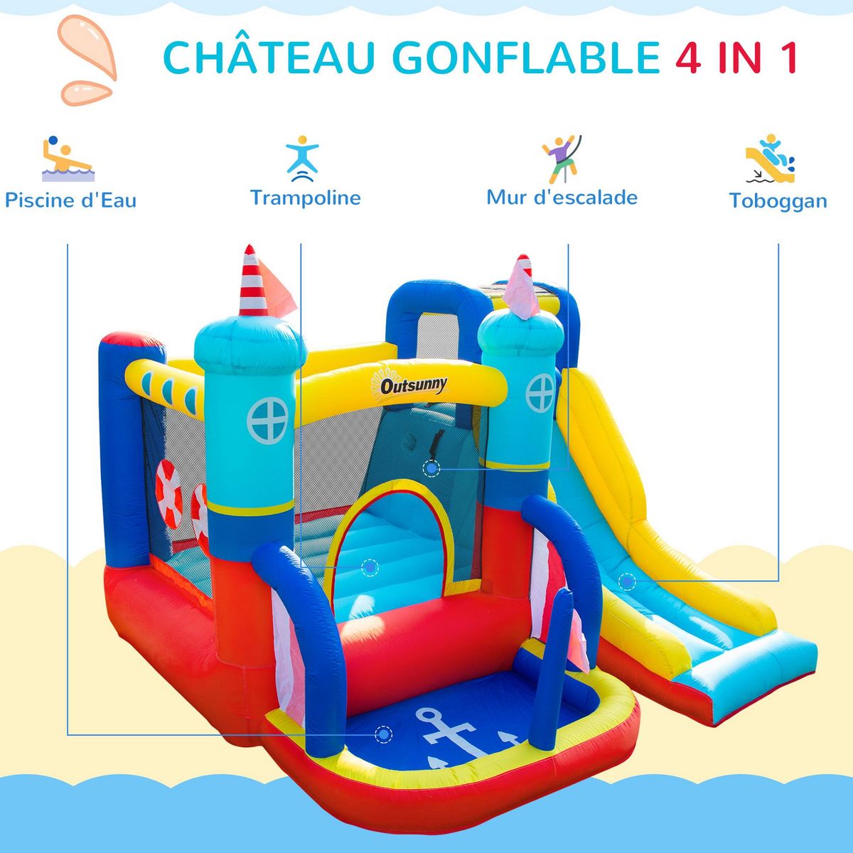 OUTSUNNY Château gonflable enfant - toboggan, trampoline, piscine, mur d'escalade - gonfleur, sac de transport inclus - dim. 2,65L x 2,6l x 2H m - polyester multicolore