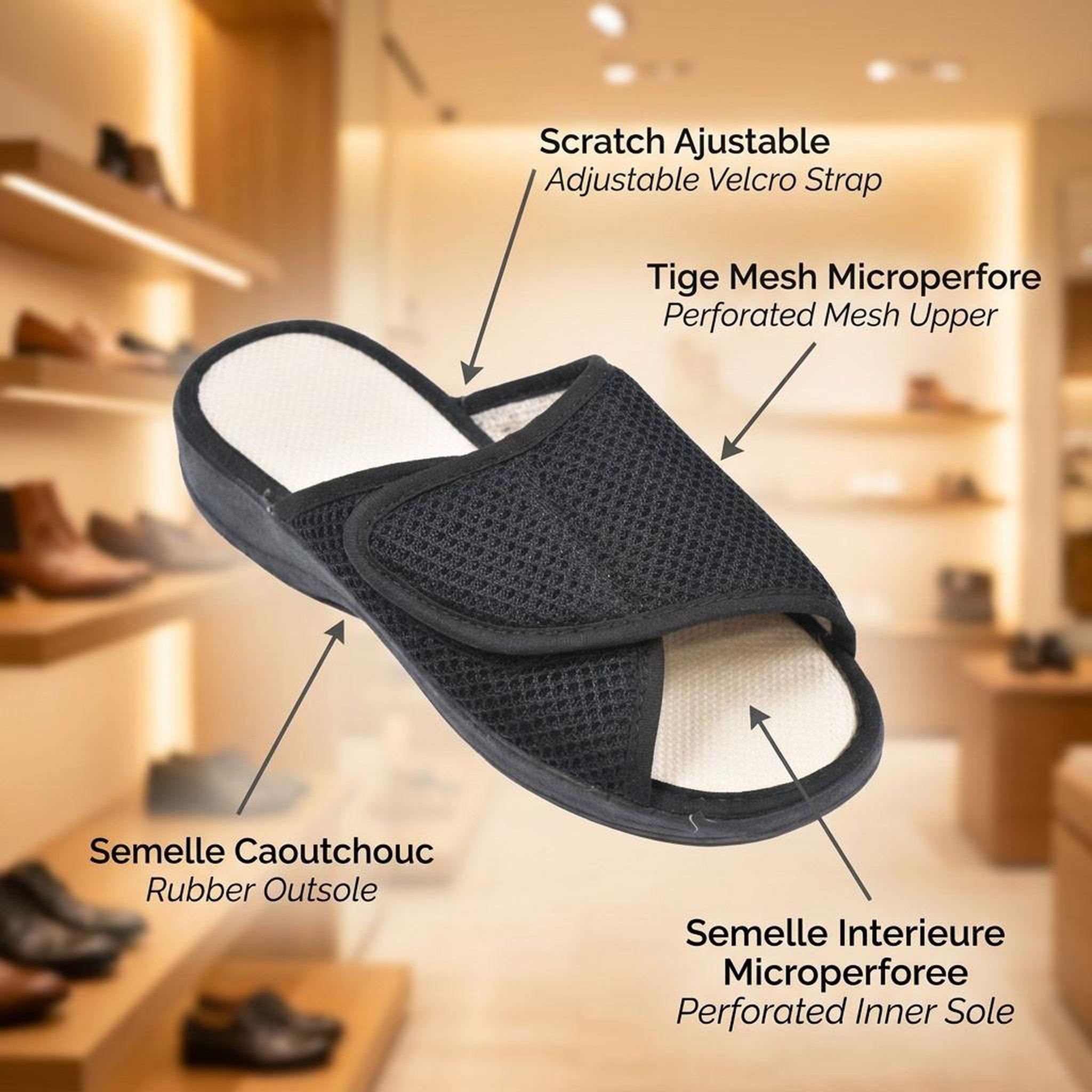 Voir la diapositive 4 : OZABI OZABI-Pantoufle Mule Femme Mesh Microperfore Scratch Ajustable Fabriquee en Espagne