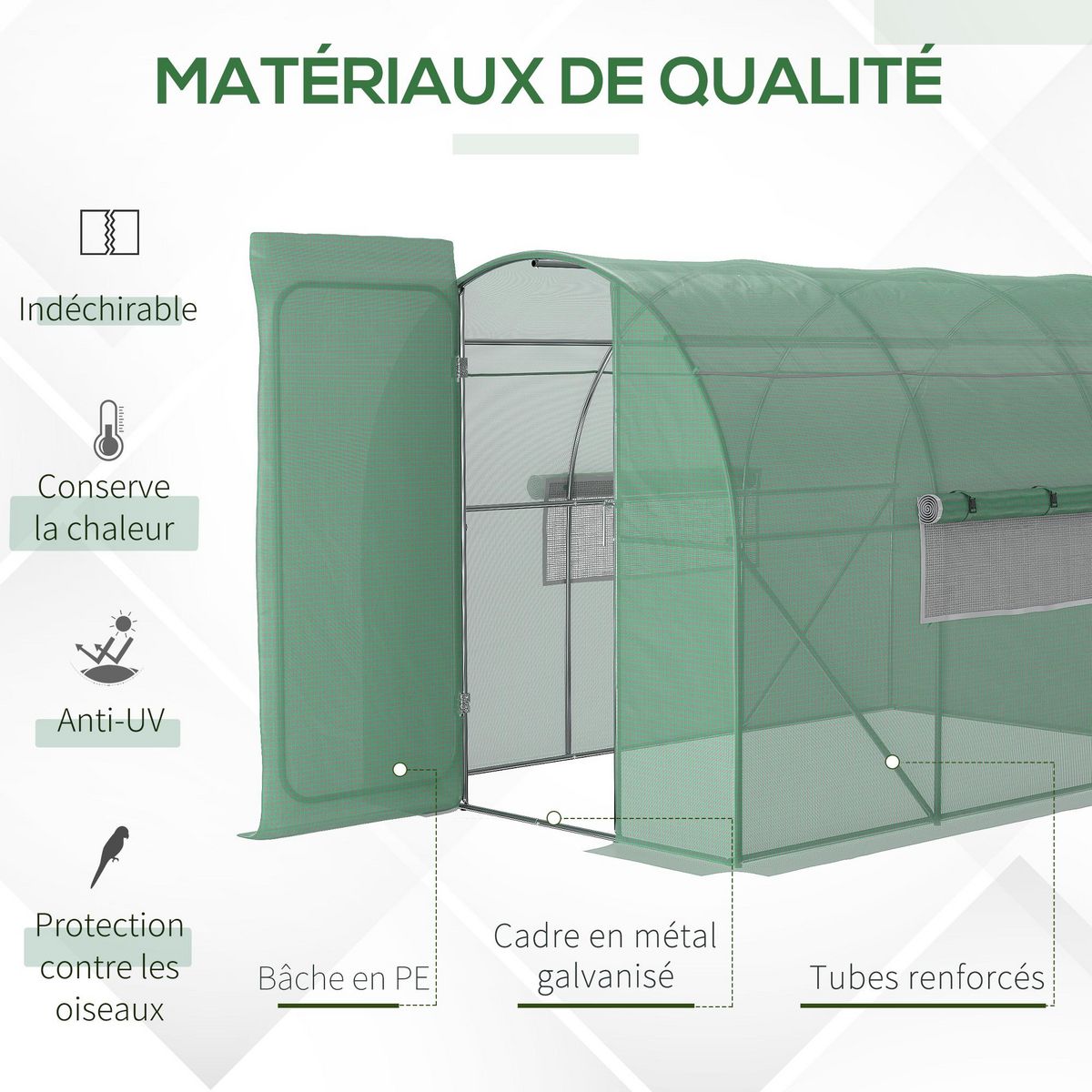 OUTSUNNY Serre de Jardin Tunnel 6 m² Acier galvanisé renforcé diamètre 2,5 cm + PE Haute densité fenêtres Porte Vert