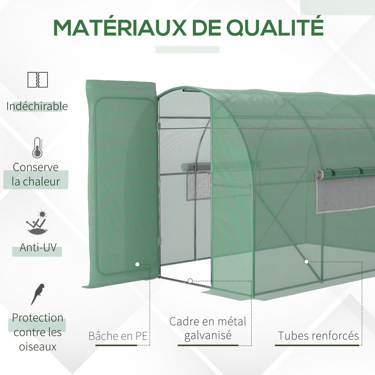 OUTSUNNY Serre de Jardin Tunnel 6 m² Acier galvanisé renforcé diamètre 2,5 cm + PE Haute densité fenêtres Porte Vert