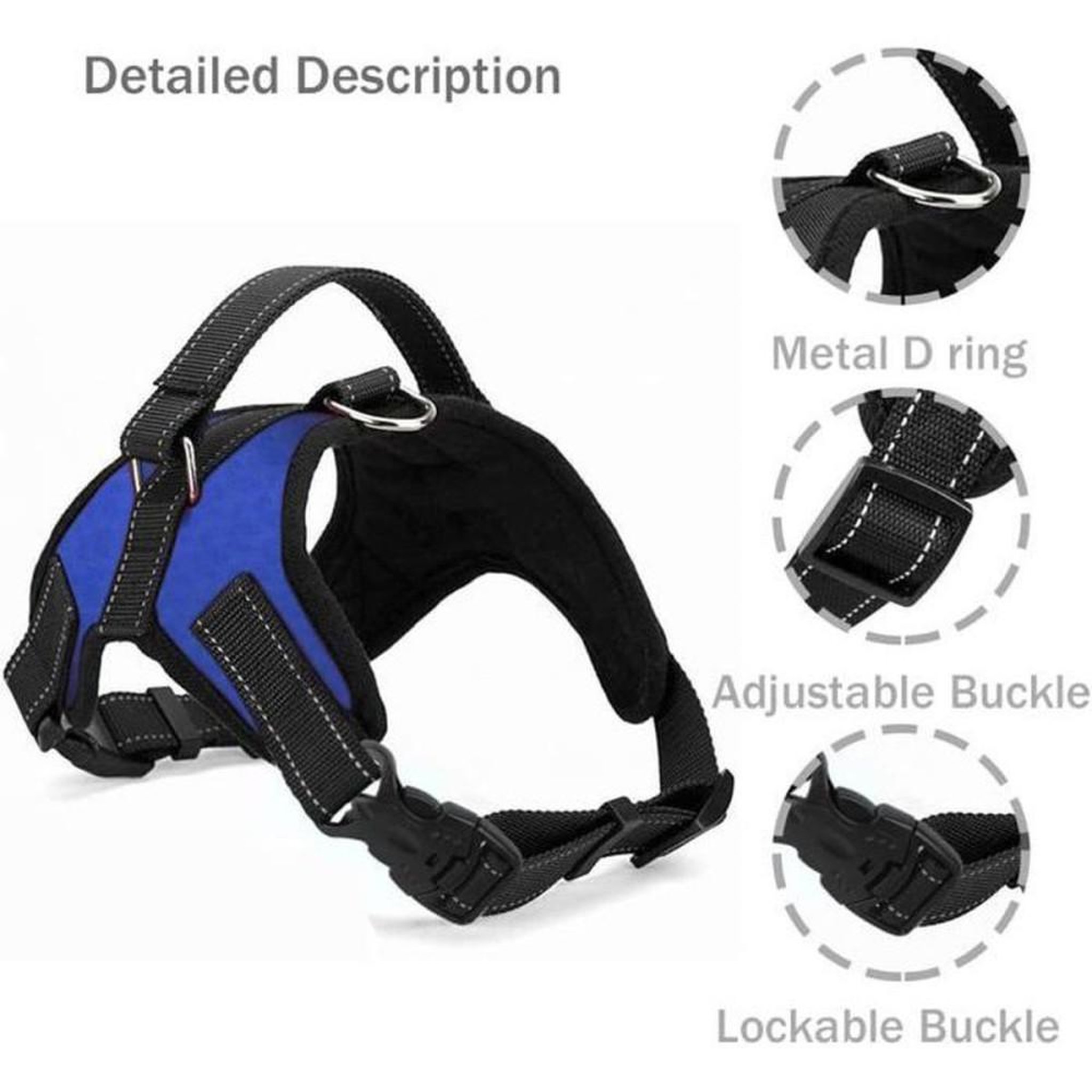 Voir la diapositive 2 : Harnais pour chien JUPVIERGE bleu taille M, rembourrage doux, sangles réglables, bandes réfléchissantes, système anti-traction et poignée de contrôle