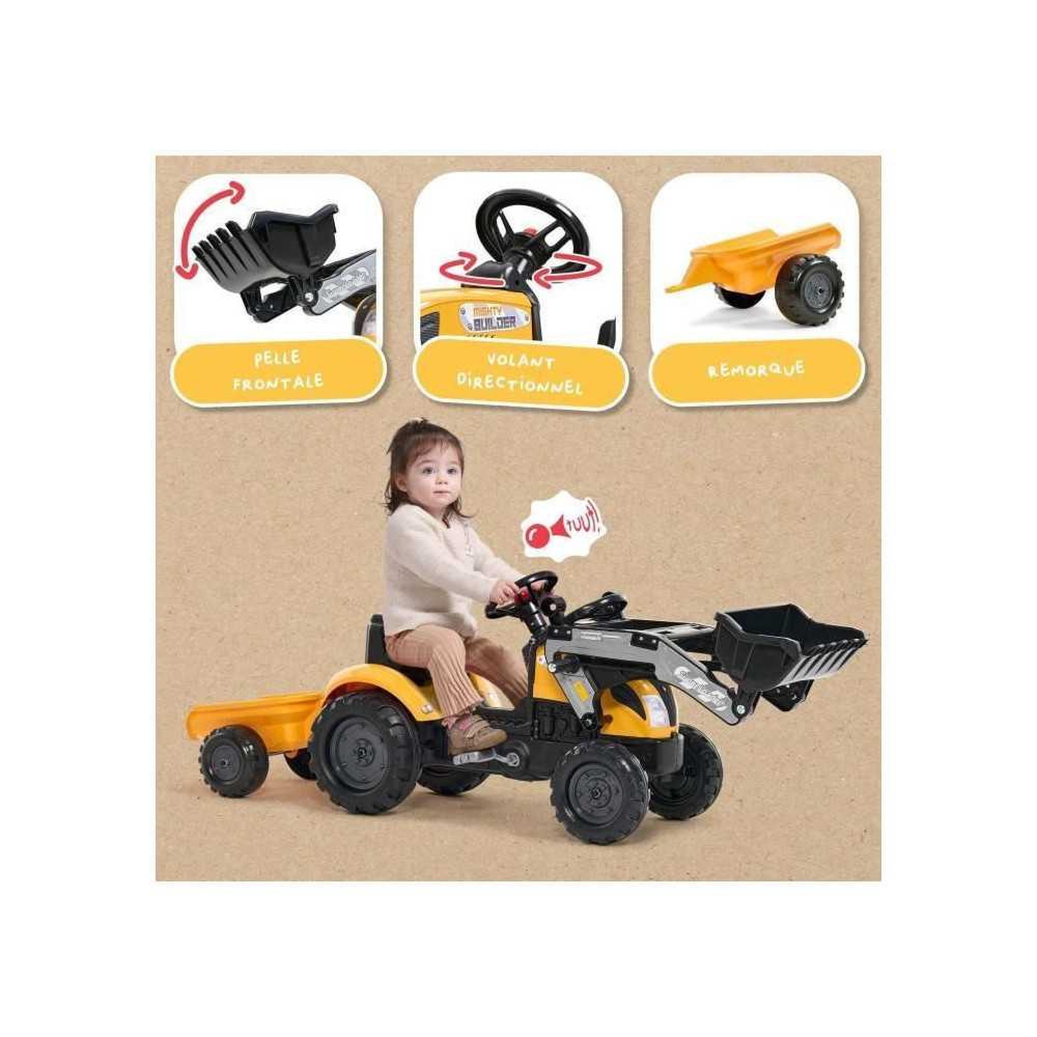 Voir la diapositive 3 : FALK Tractopelle a pédales Mighty Builder - FALK - Avec remorque - Jaune - 100% Fabriqué en France - 50% de plastique recyclé - De