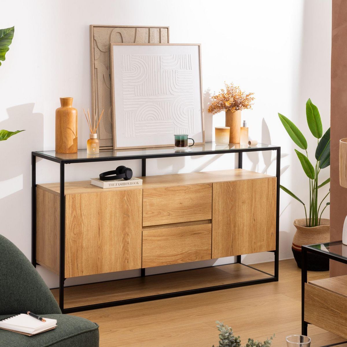 ATMOSPHERA Buffet 2 portes et 2 tiroirs effet bois et verre ALDEA - Beige