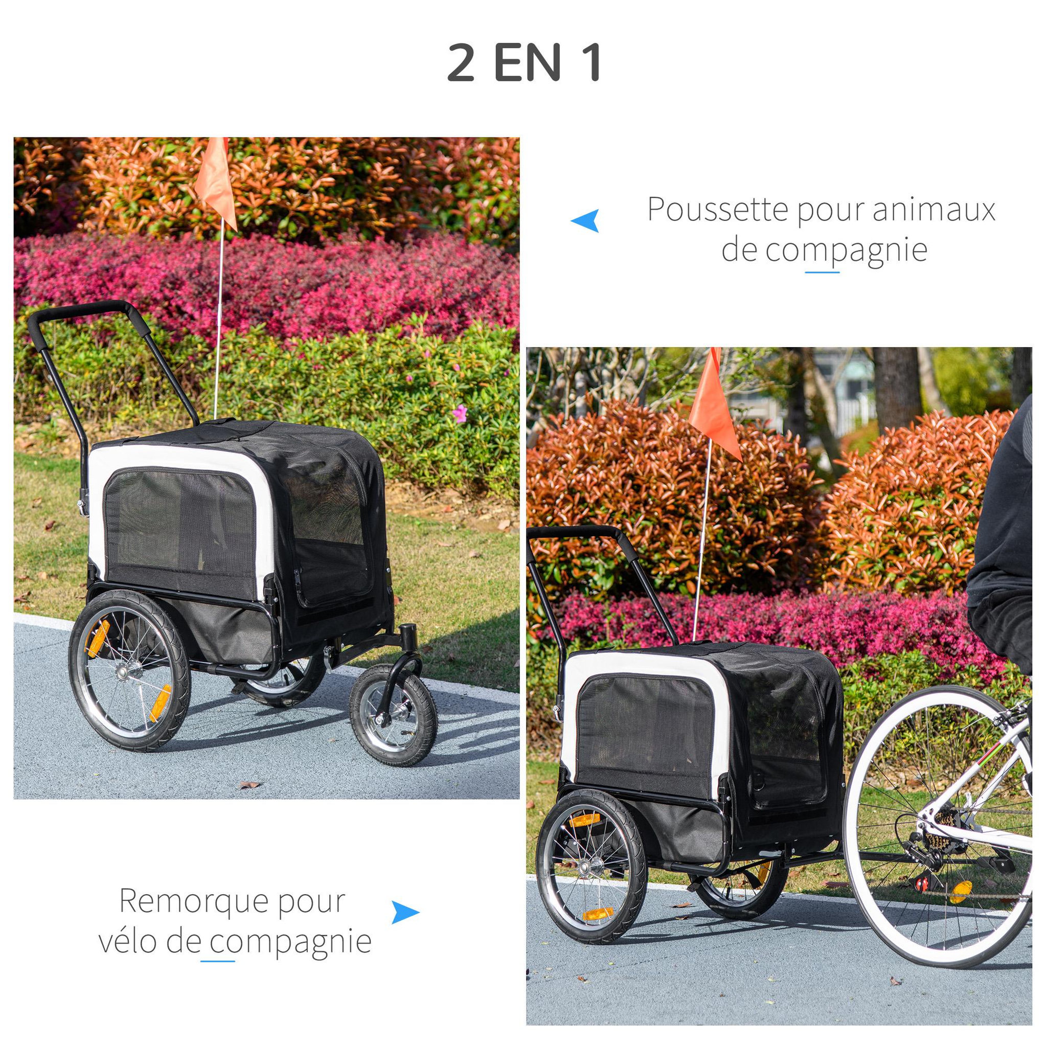 Voir la diapositive 4 : PAWHUT Remorque vélo jogger 2 en 1 pour chien - remorque à vélo pour chien - attache, drapeau, roue av pivotante, réflecteurs - noir