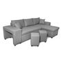 Voir la diapositive 7 : Canapé d'angle convertible avec coffre 3 places + 2 poufs à gauche et étagère à droite  MACHA