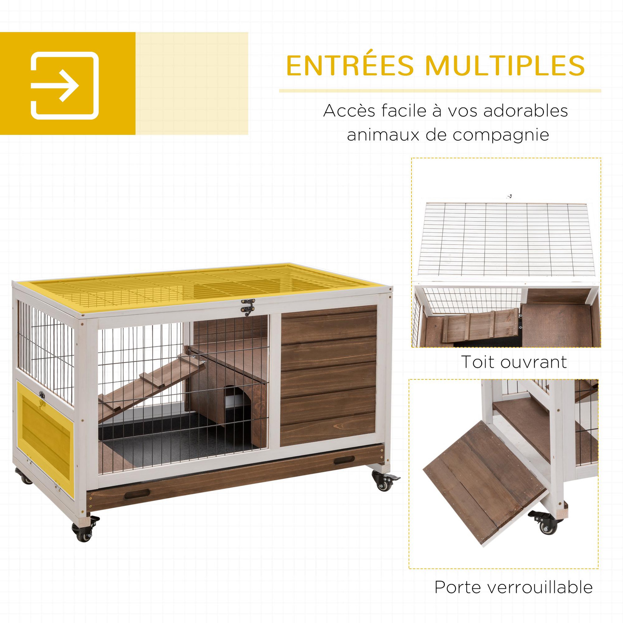 Voir la diapositive 5 : PAWHUT Clapier à lapin sur roulettes cage à lapin 2 étages porte verrouillable toit ouvrant plateau coulissant rampe bois de sapin marron blanc